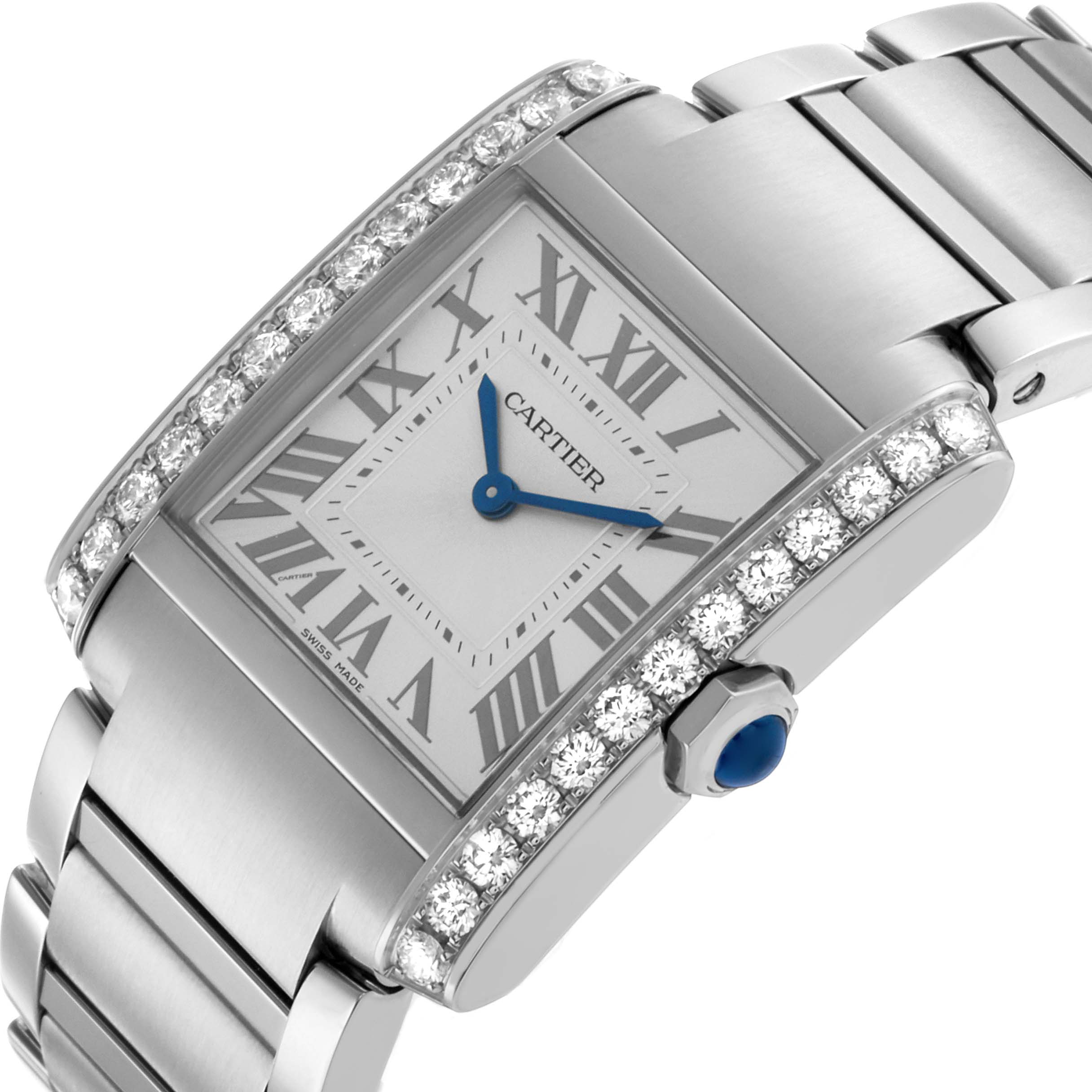 The Cartier Tank Francaise W4TA0021 Women's Stainless Steel Silver Dial watch is shown at an angled view, highlighting the diamond-set bezel, dial, crown, and bracelet details.