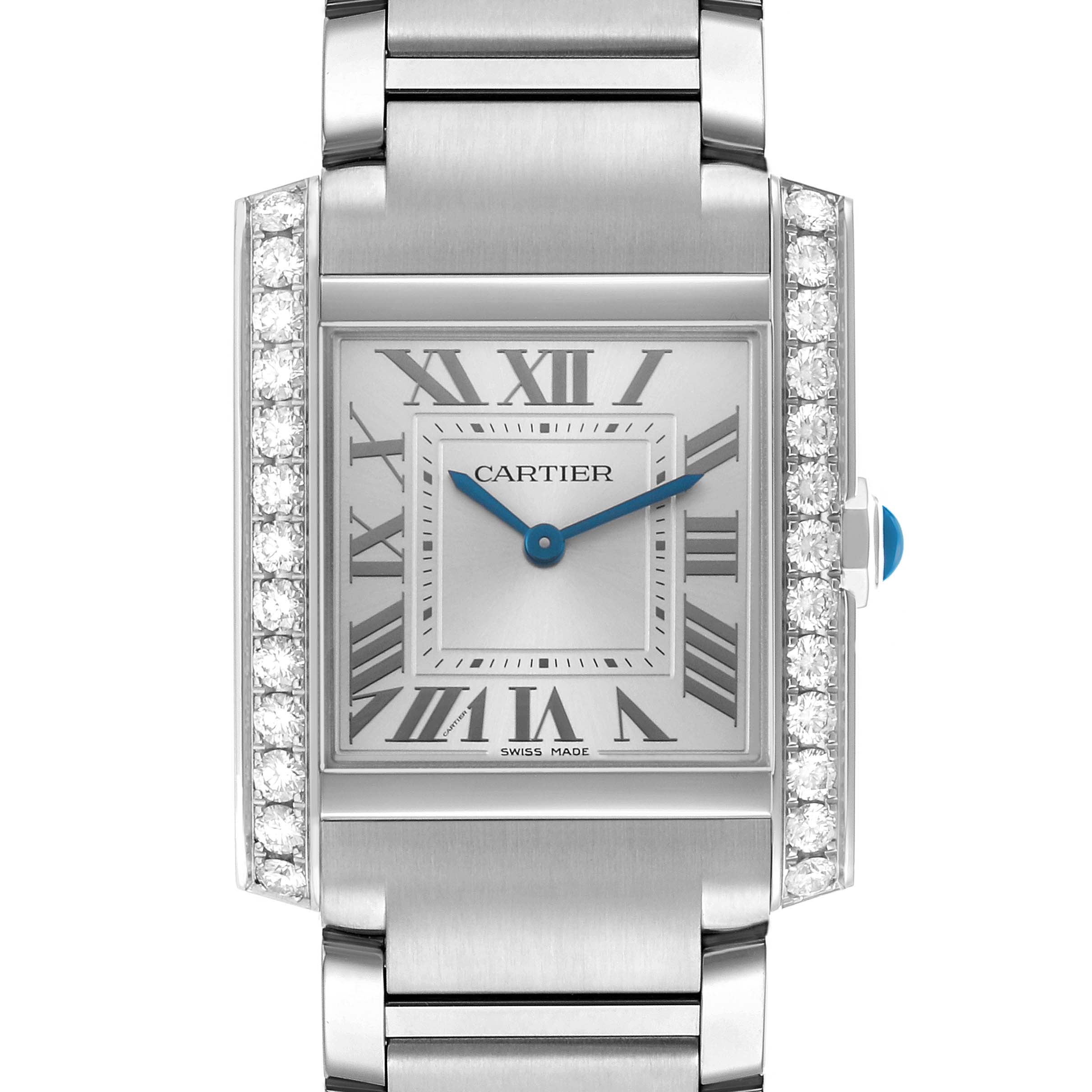 The Cartier Tank Française watch is shown from a front angle, highlighting its face, bezel, and part of the bracelet.