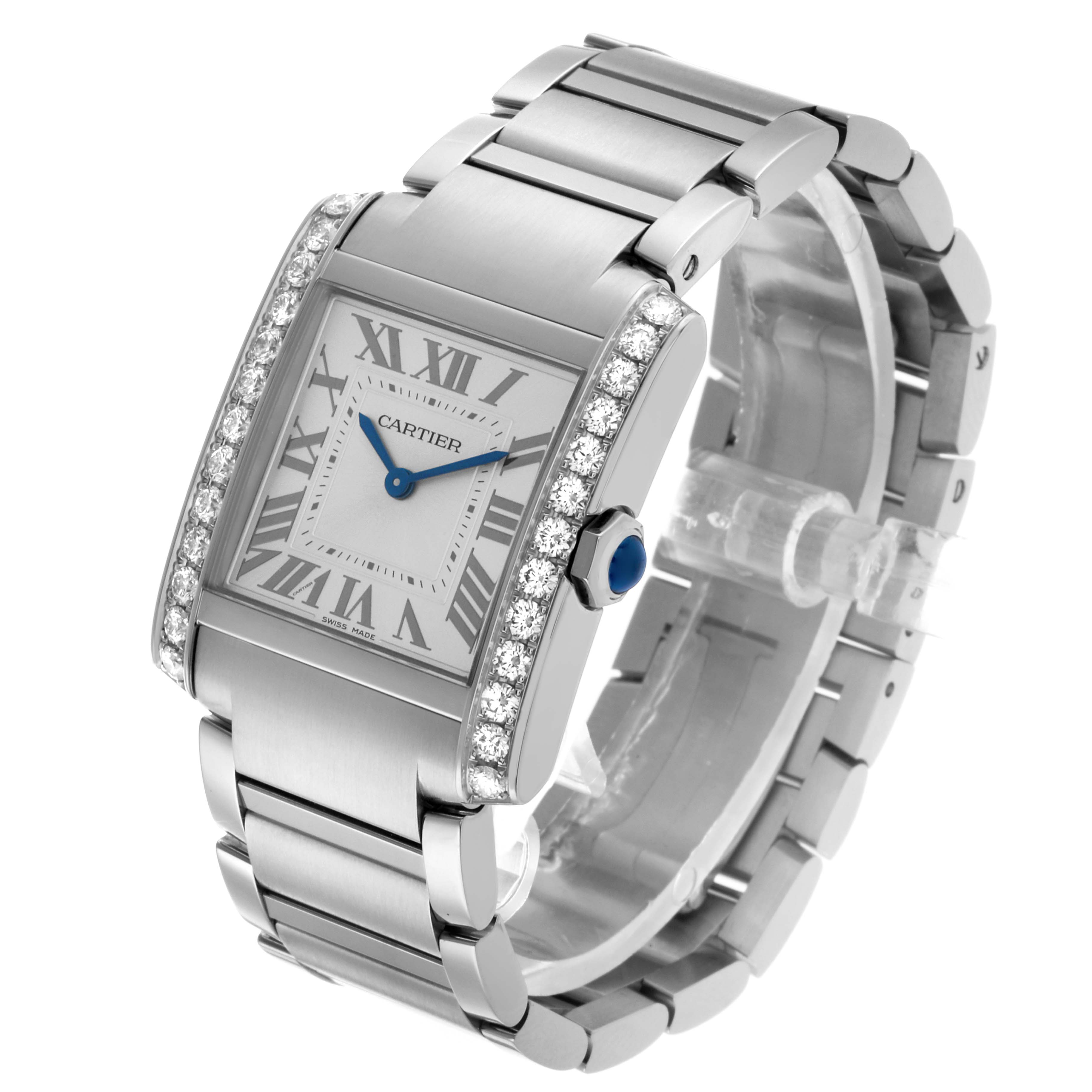 The Cartier Tank Francaise W4TA0021 Women's Stainless Steel Silver Dial watch is shown at a front angle, highlighting the face, bracelet, and diamond-set bezel.