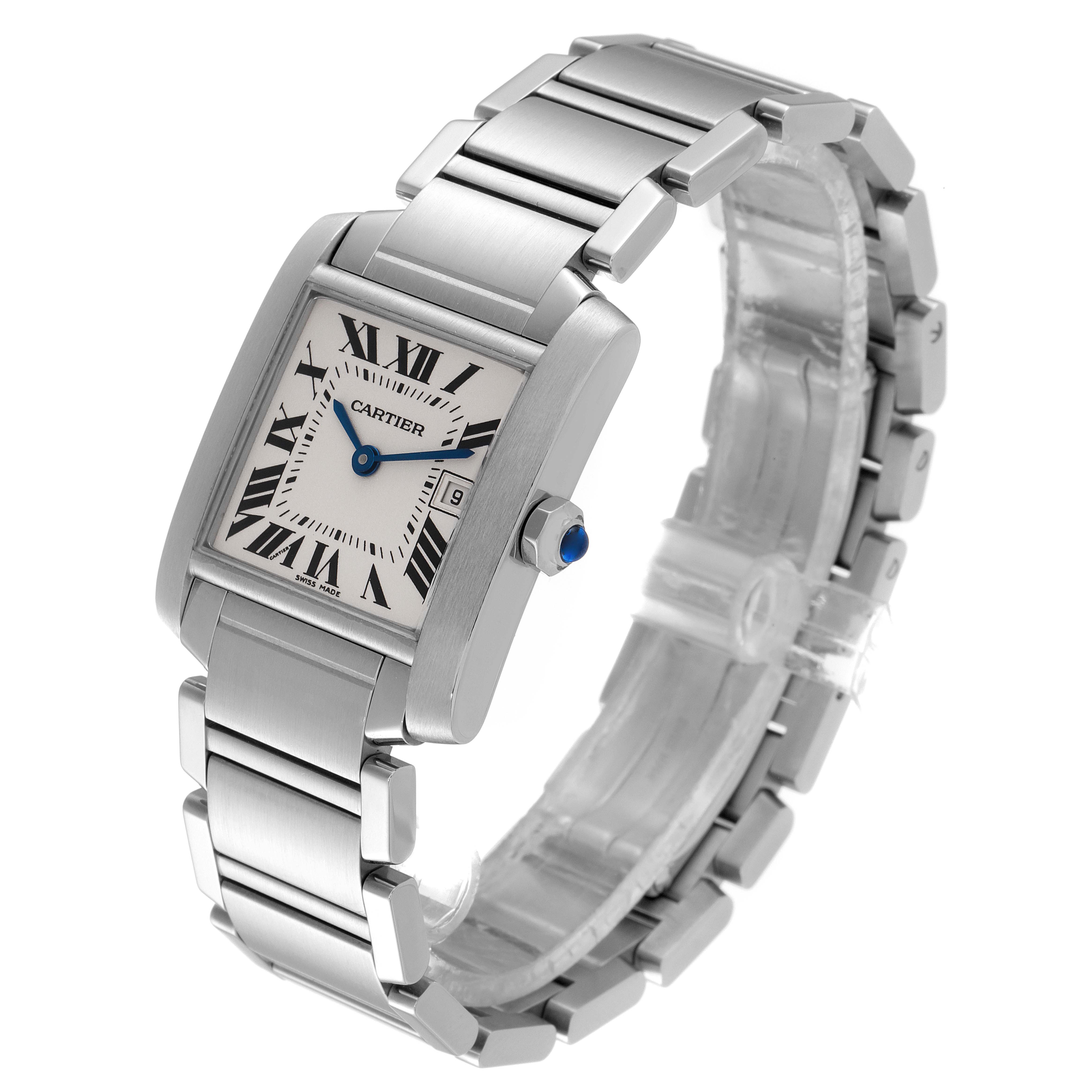 This image shows a Cartier Tank Francaise W51011Q3 Women's Stainless Steel Silver Dial W51011Q3 Women's Stainless Steel Silver Dial watch from an angled side view, highlighting the face, bracelet, and crown.