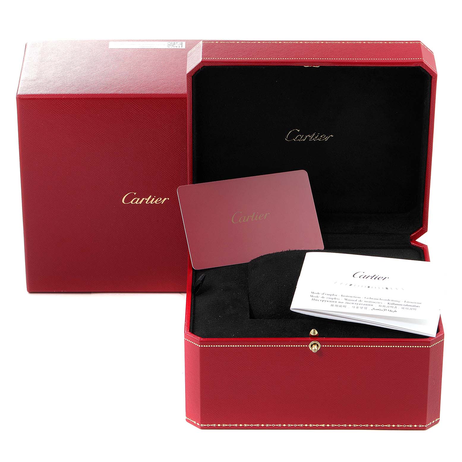 The image shows an open Cartier Tank Francaise W4TA0008 Women's Stainless Steel Silver Dial W4TA0008 Women's Stainless Steel Silver Dial watch box with accompanying cards and literature.