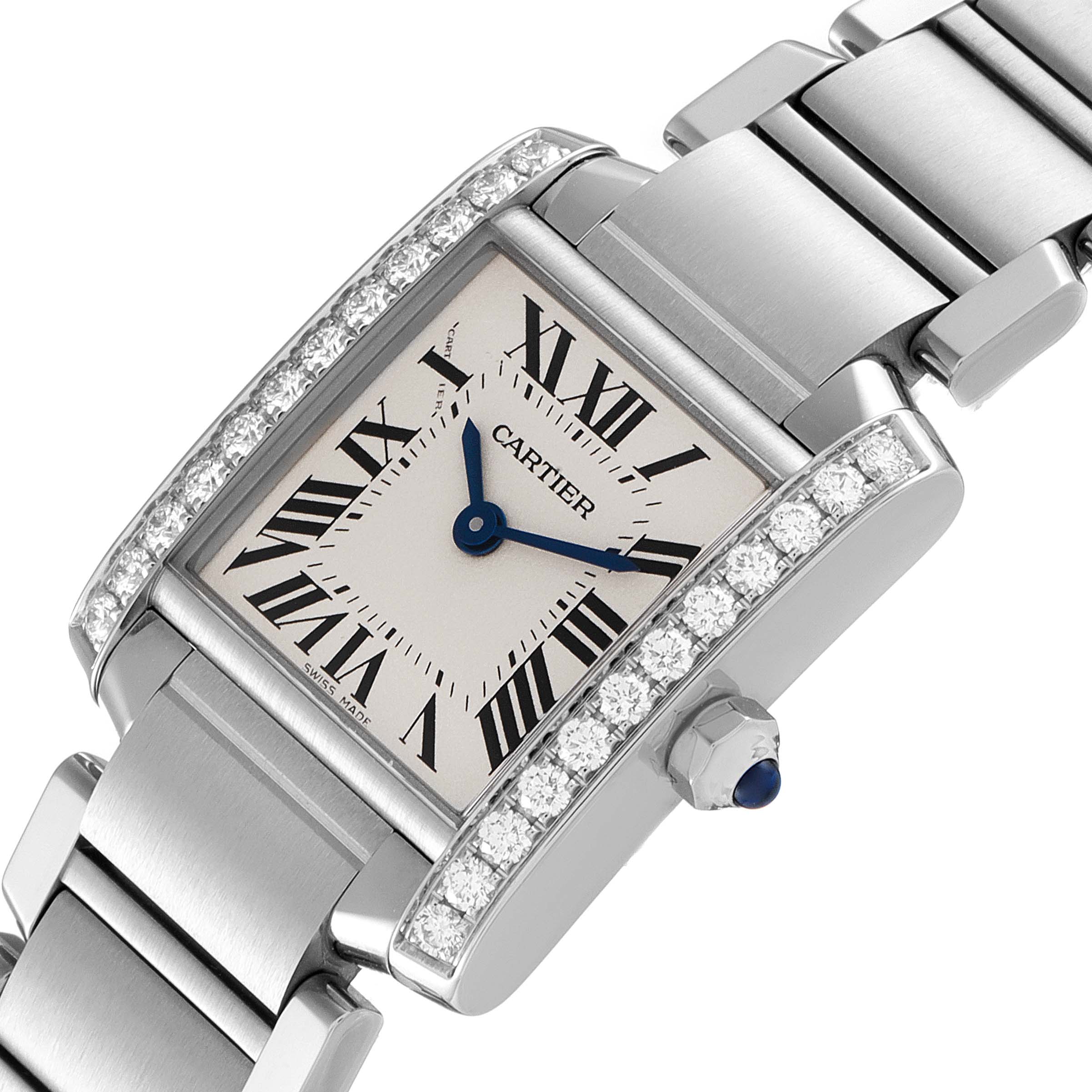 The image shows a close-up angle of the Cartier Tank Francaise W4TA0008 Women's Stainless Steel Silver Dial W4TA0008 Women's Stainless Steel Silver Dial watch, highlighting the face, bracelet, and diamond-encrusted bezel.