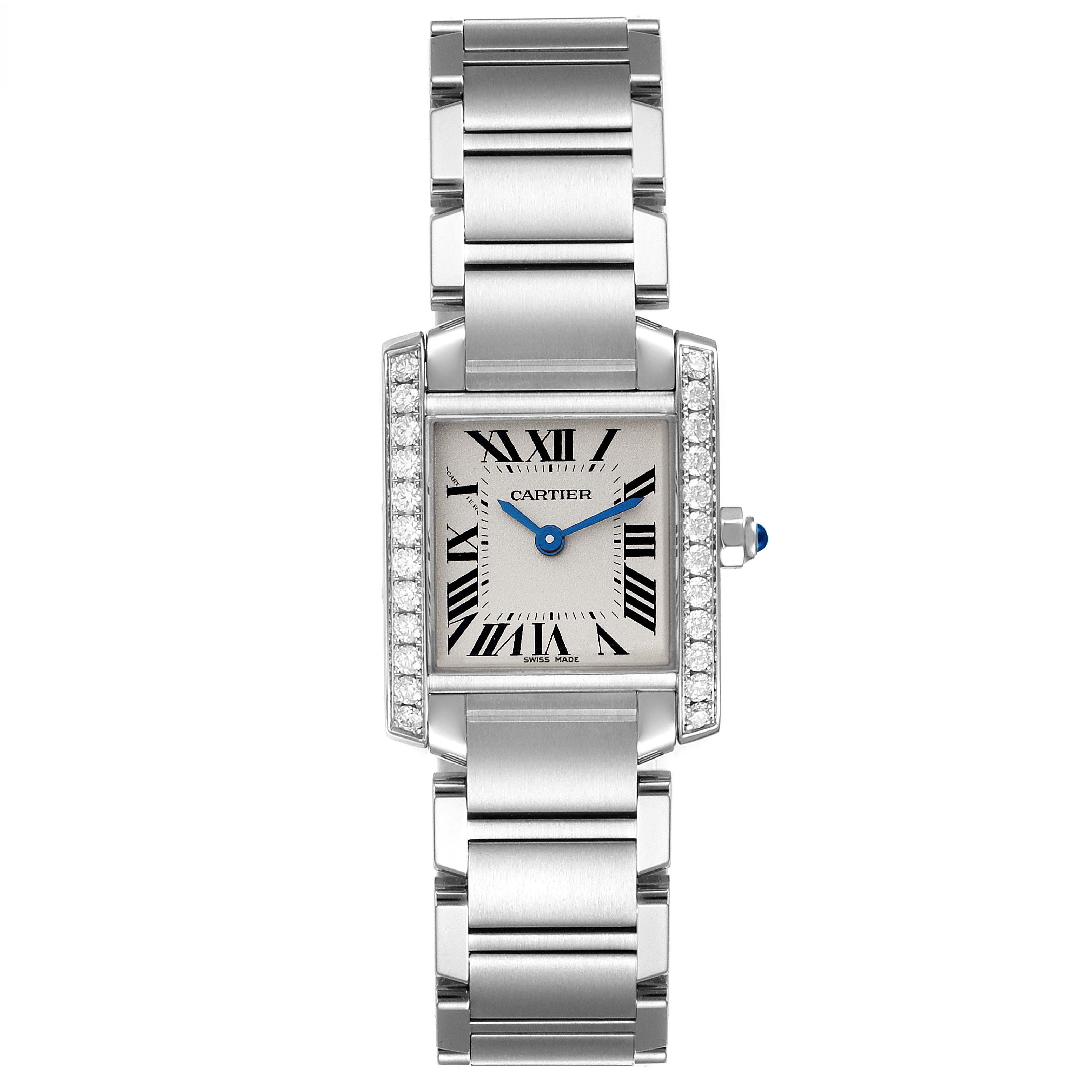 The image shows a frontal view of the Cartier Tank Française watch, highlighting the face, bezel, and bracelet.