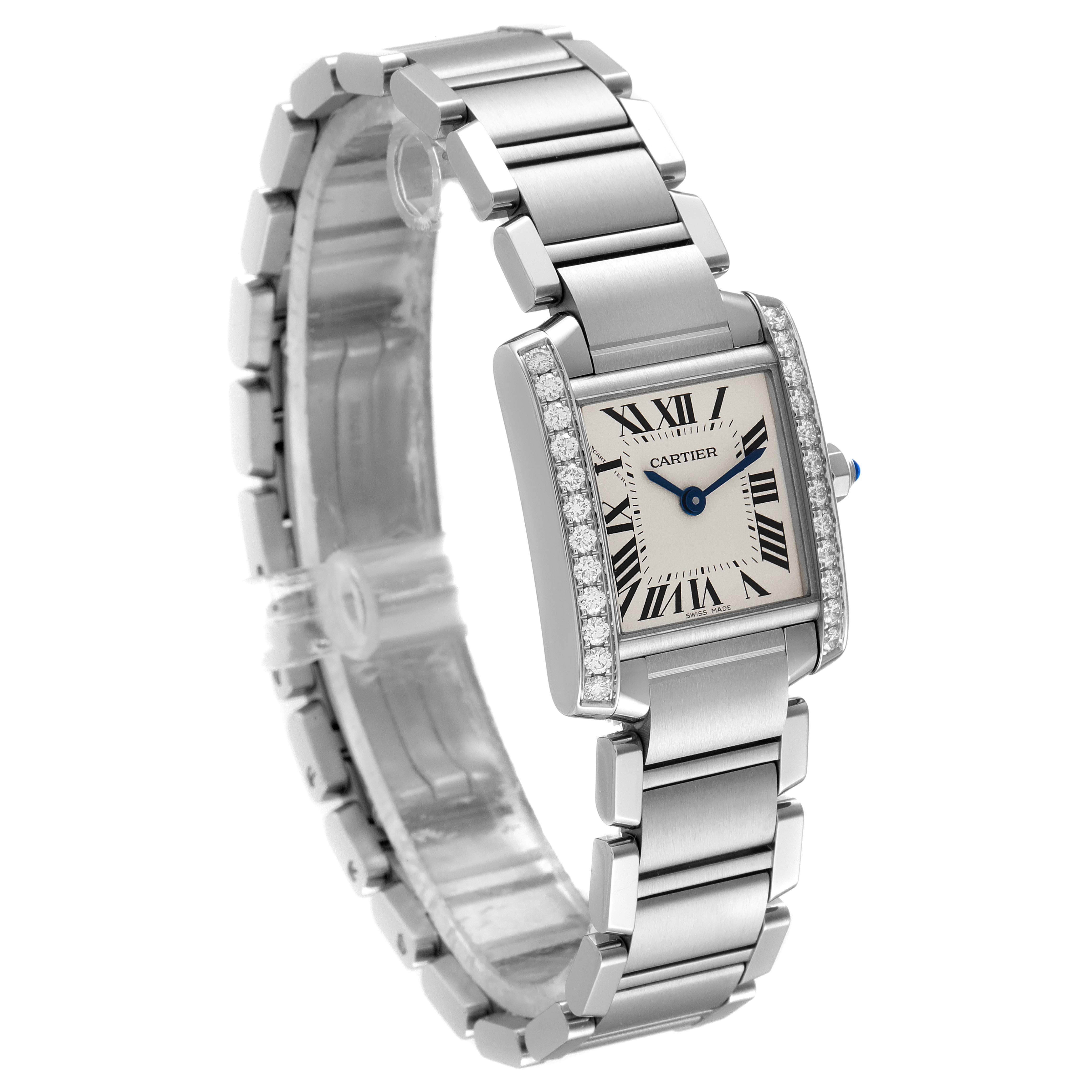 The watch, a Cartier Tank Francaise W4TA0008 Women's Stainless Steel Silver Dial W4TA0008 Women's Stainless Steel Silver Dial model, is shown at an angled view highlighting its face, bezel, and metal bracelet.