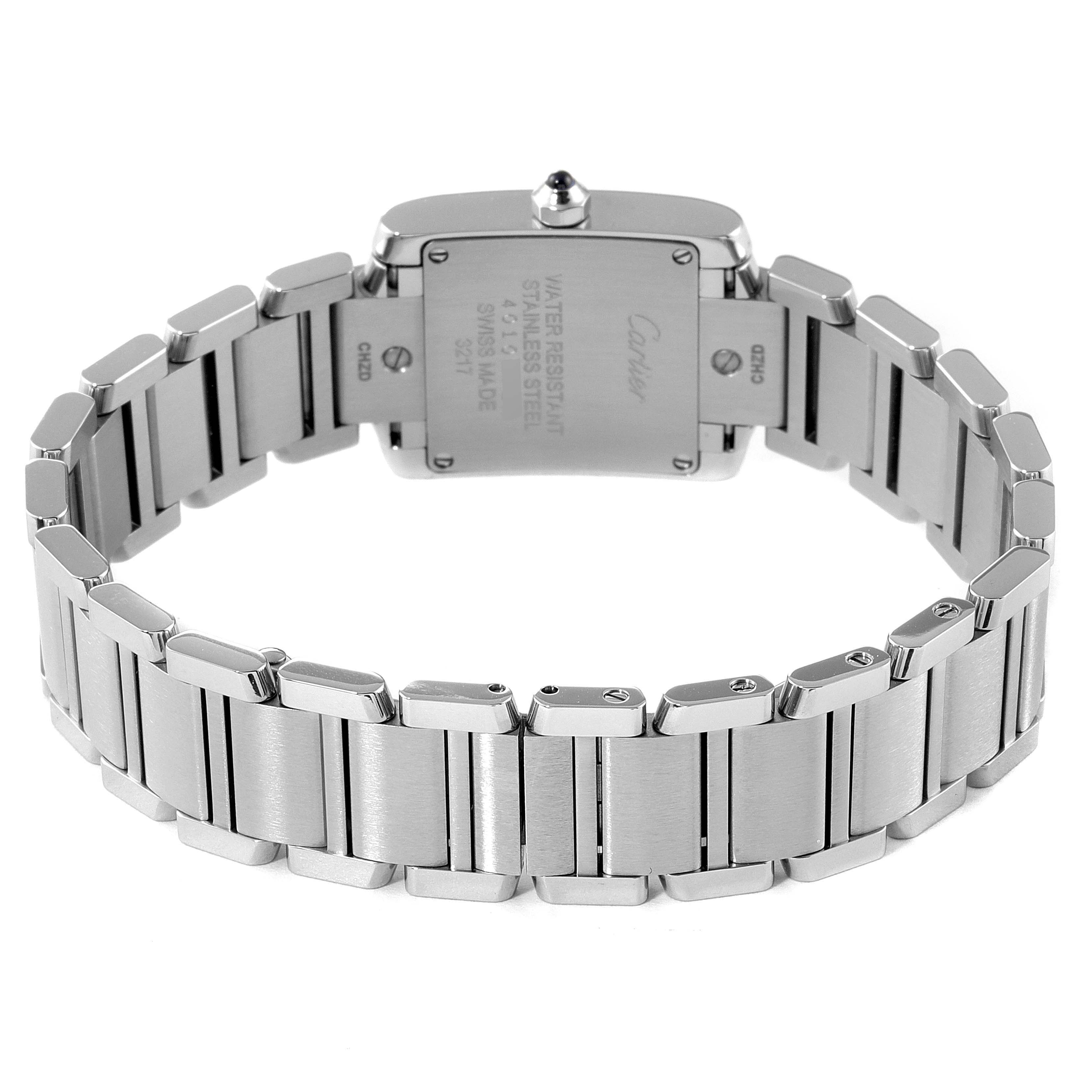 This image shows the back view of the Cartier Tank Francaise W4TA0008 Women's Stainless Steel Silver Dial W4TA0008 Women's Stainless Steel Silver Dial watch, focusing on the stainless steel case and bracelet.