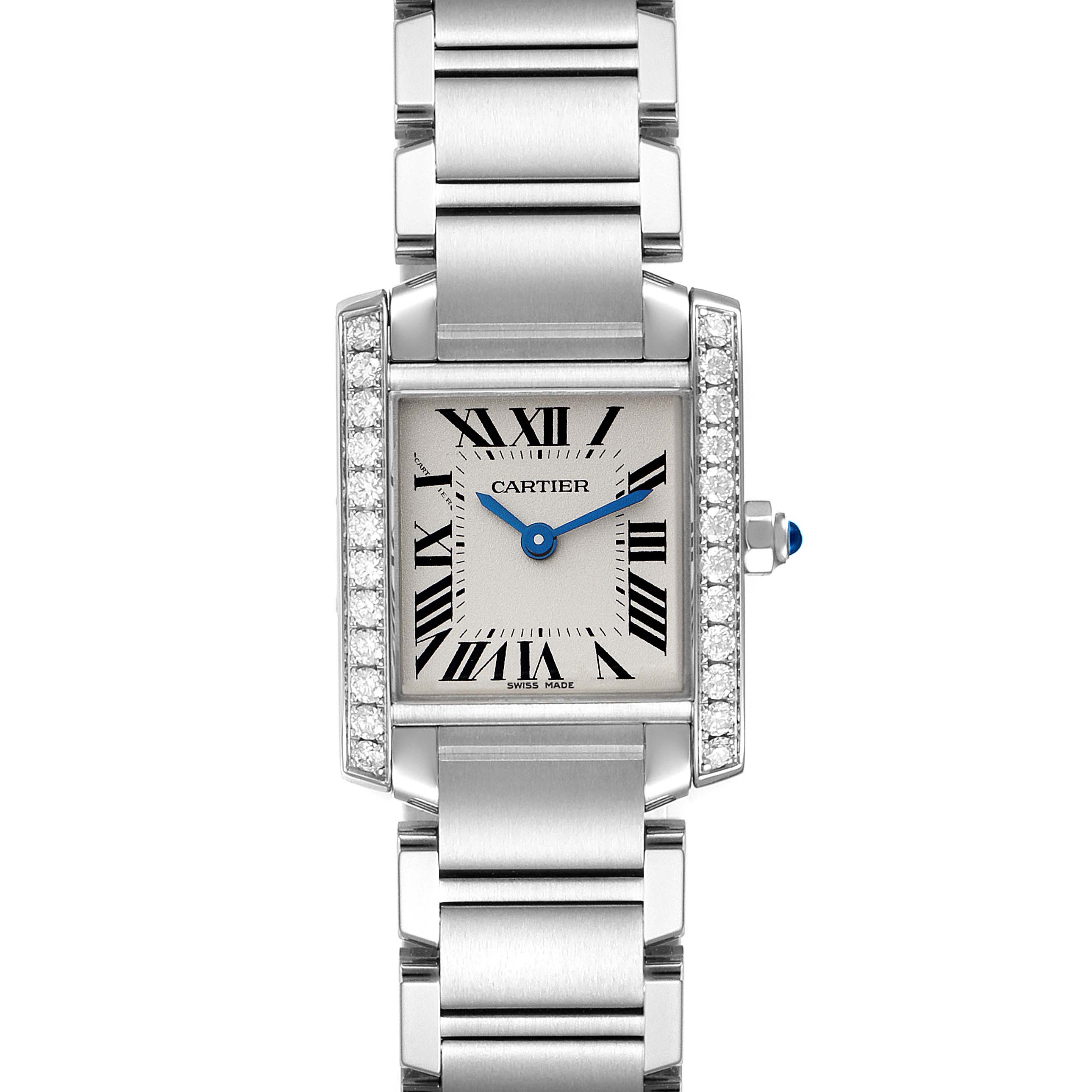 The image shows a front view of the Cartier Tank Francaise W4TA0008 Women's Stainless Steel Silver Dial W4TA0008 Women's Stainless Steel Silver Dial watch, displaying its rectangular face, Roman numeral dial, and metal bracelet.