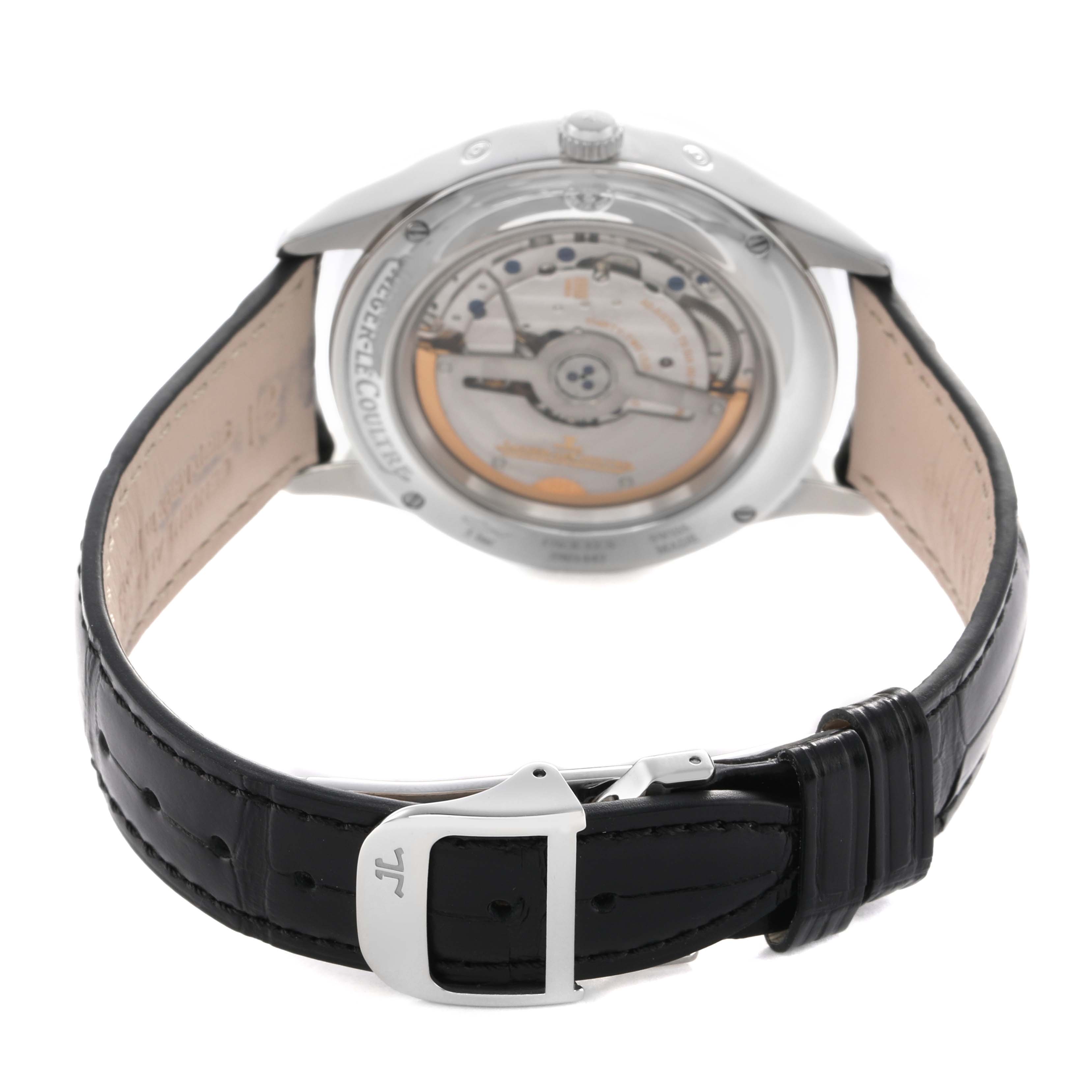 The image shows the Jaeger-LeCoultre Master model from the back, highlighting the movement and leather strap.