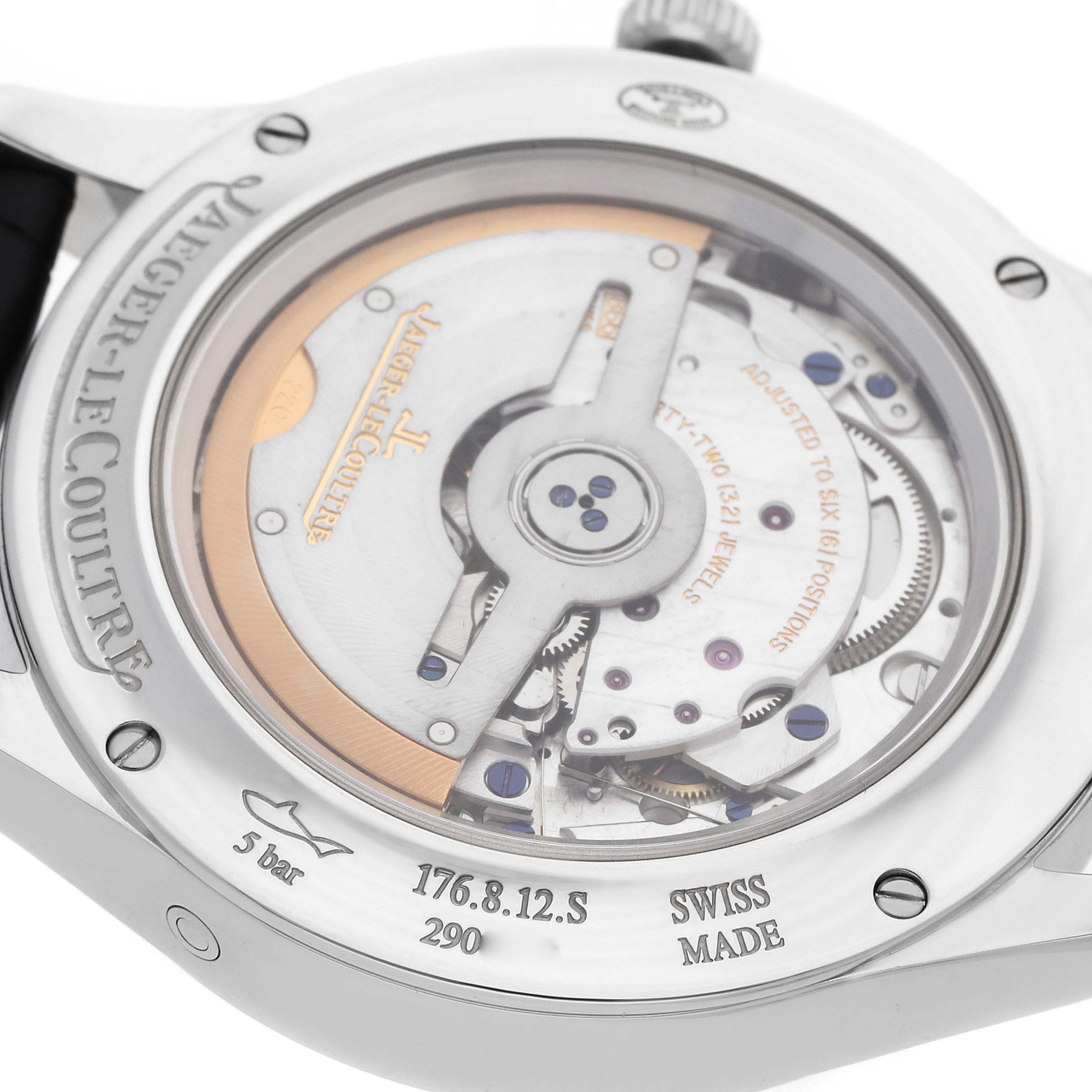 The image shows the case back of a Jaeger LeCoultre Master Q1558420 Men's Stainless Steel Silver Dial watch, highlighting the automatic movement and rotor.