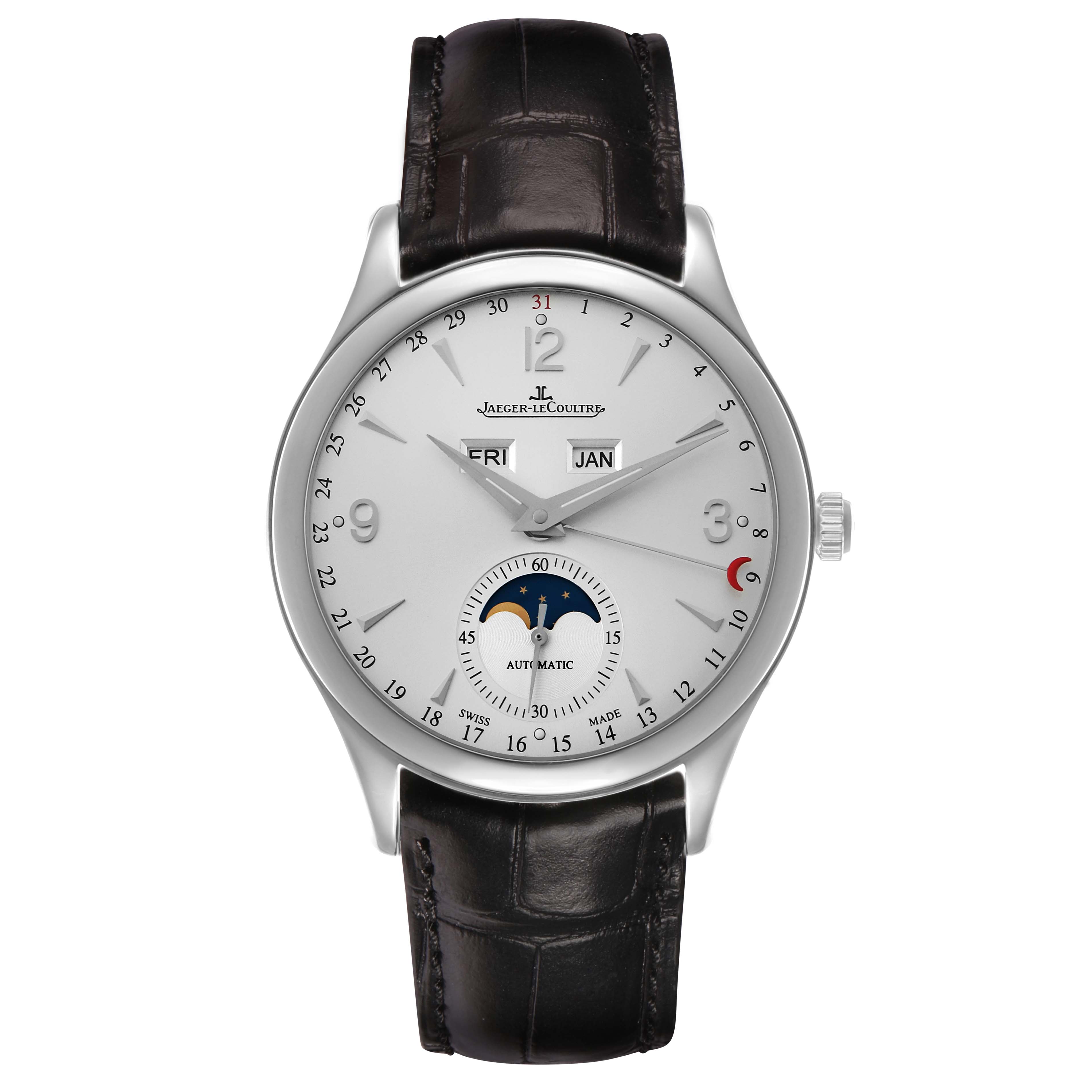 The image shows a frontal view of the Jaeger LeCoultre Master Q1558420 Men's Stainless Steel Silver Dial watch, highlighting its dial, hands, sub-dial, and leather strap.