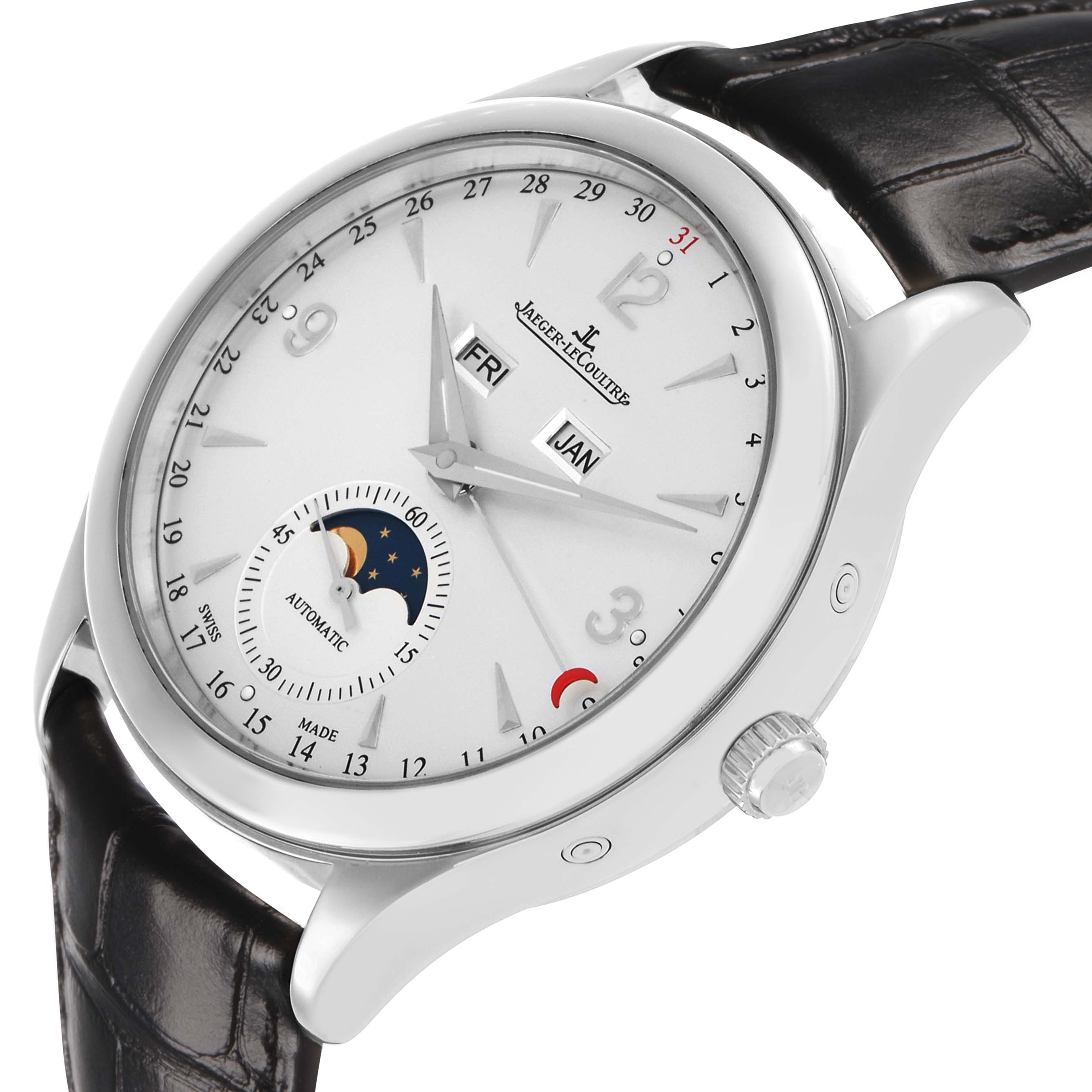 The Jaeger LeCoultre Master Q1558420 Men's Stainless Steel Silver Dial watch is shown at a slight angle, displaying the dial, moon phase, date, and day/month windows.