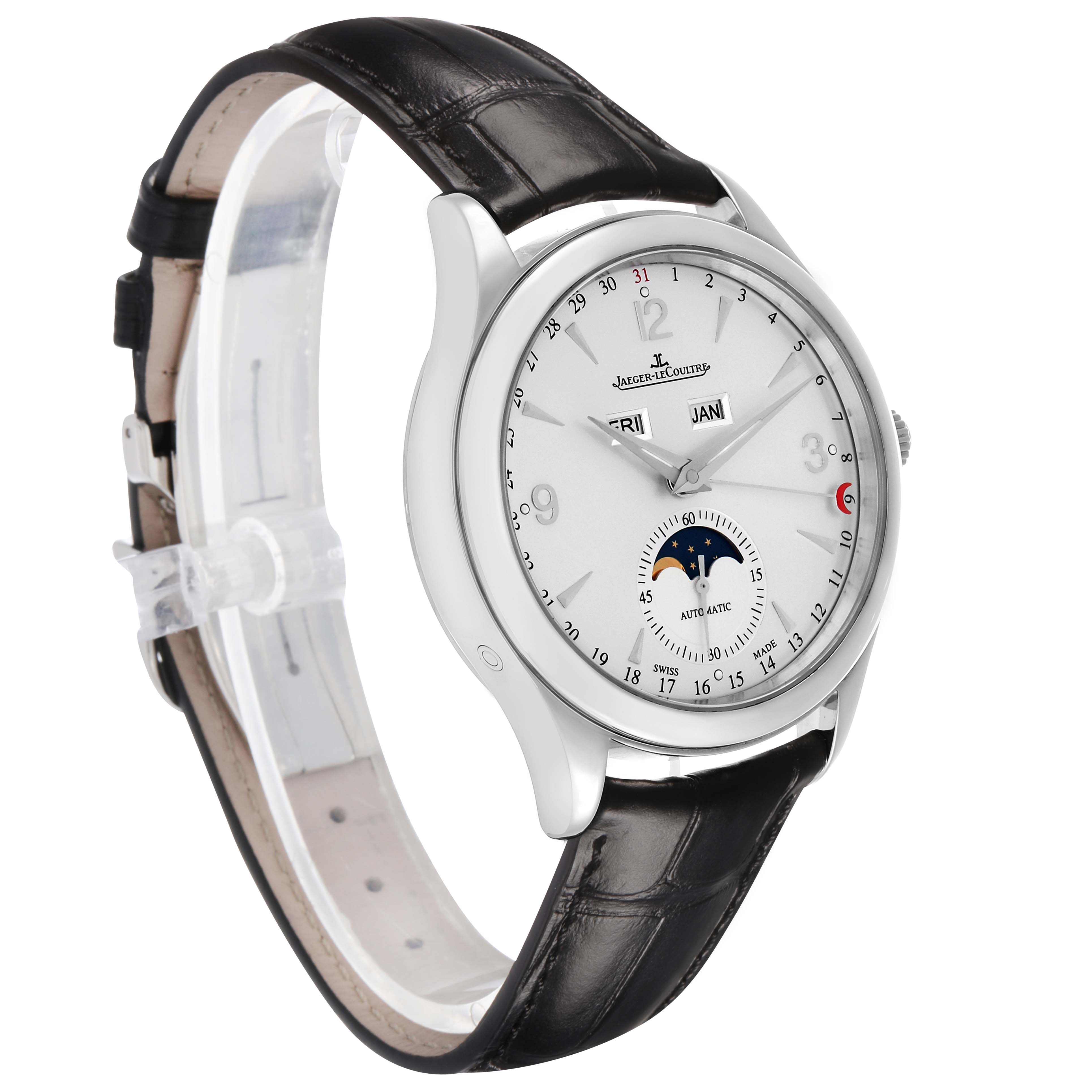 The Jaeger-LeCoultre Master watch is shown at a slight angle, highlighting the face, date, day, month, and moon phase features.