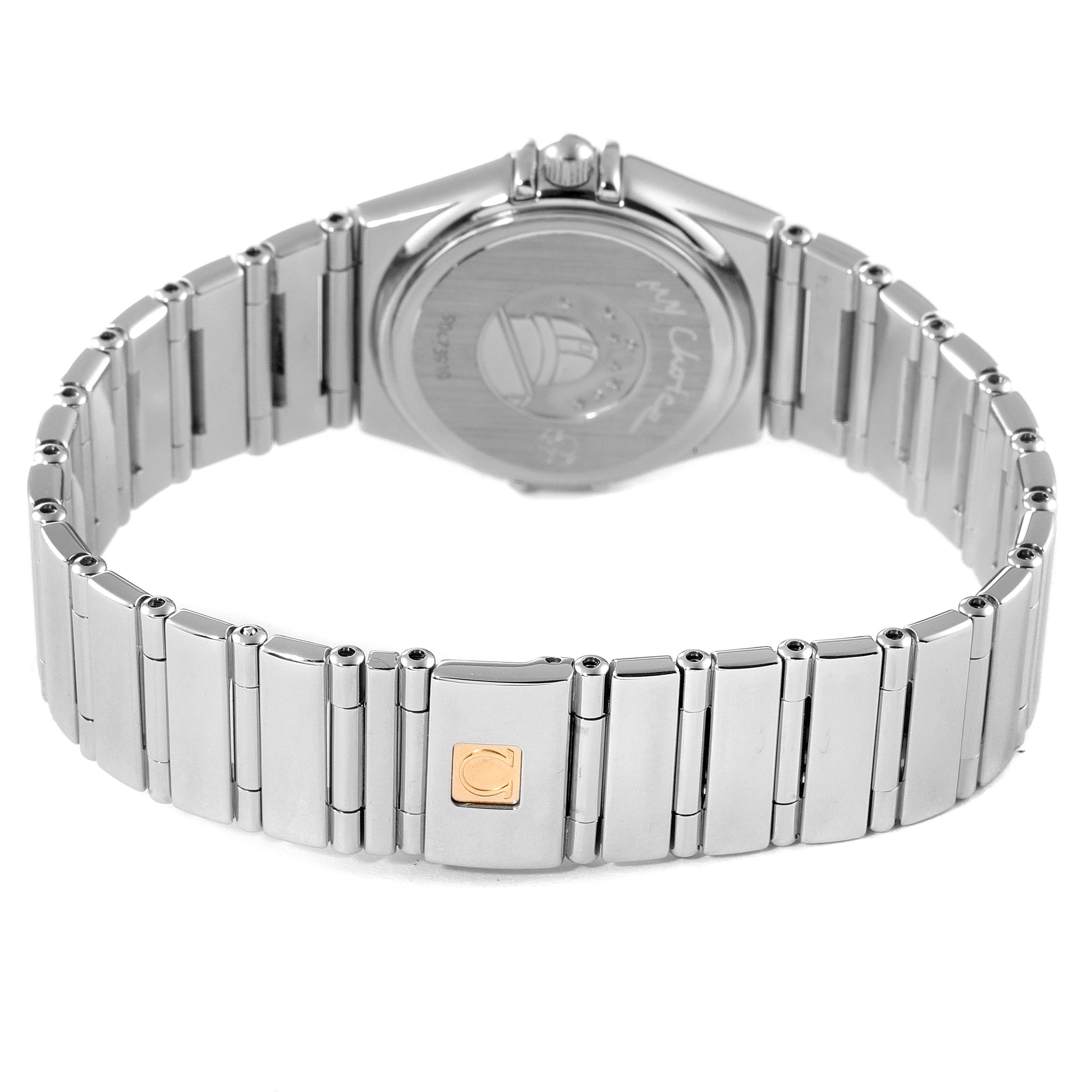 The image shows the back and bracelet of an Omega 1475.79.00 Women's Stainless Steel Mother of Pearl Dial 1475.79.00 Women's Stainless Steel Mother of Pearl Dial Constellation Iris Steel Multi Stone Ladies Watch 1475.79.00.