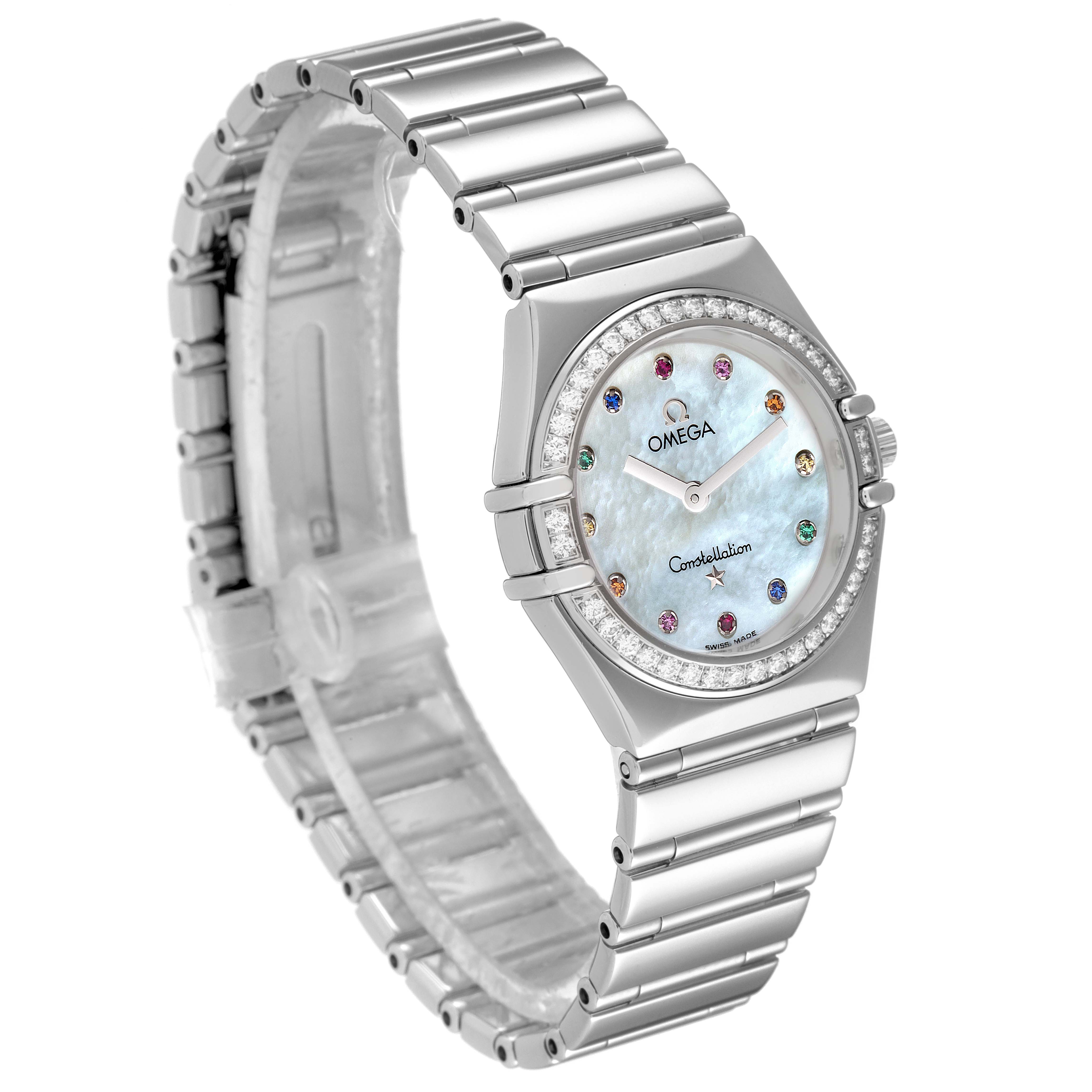 The image shows a side-angle view of the Omega 1475.79.00 Women's Stainless Steel Mother of Pearl Dial 1475.79.00 Women's Stainless Steel Mother of Pearl Dial Constellation Iris Steel Multi Stone Ladies Watch 1475.79.00, highlighting its dial and bracelet.
