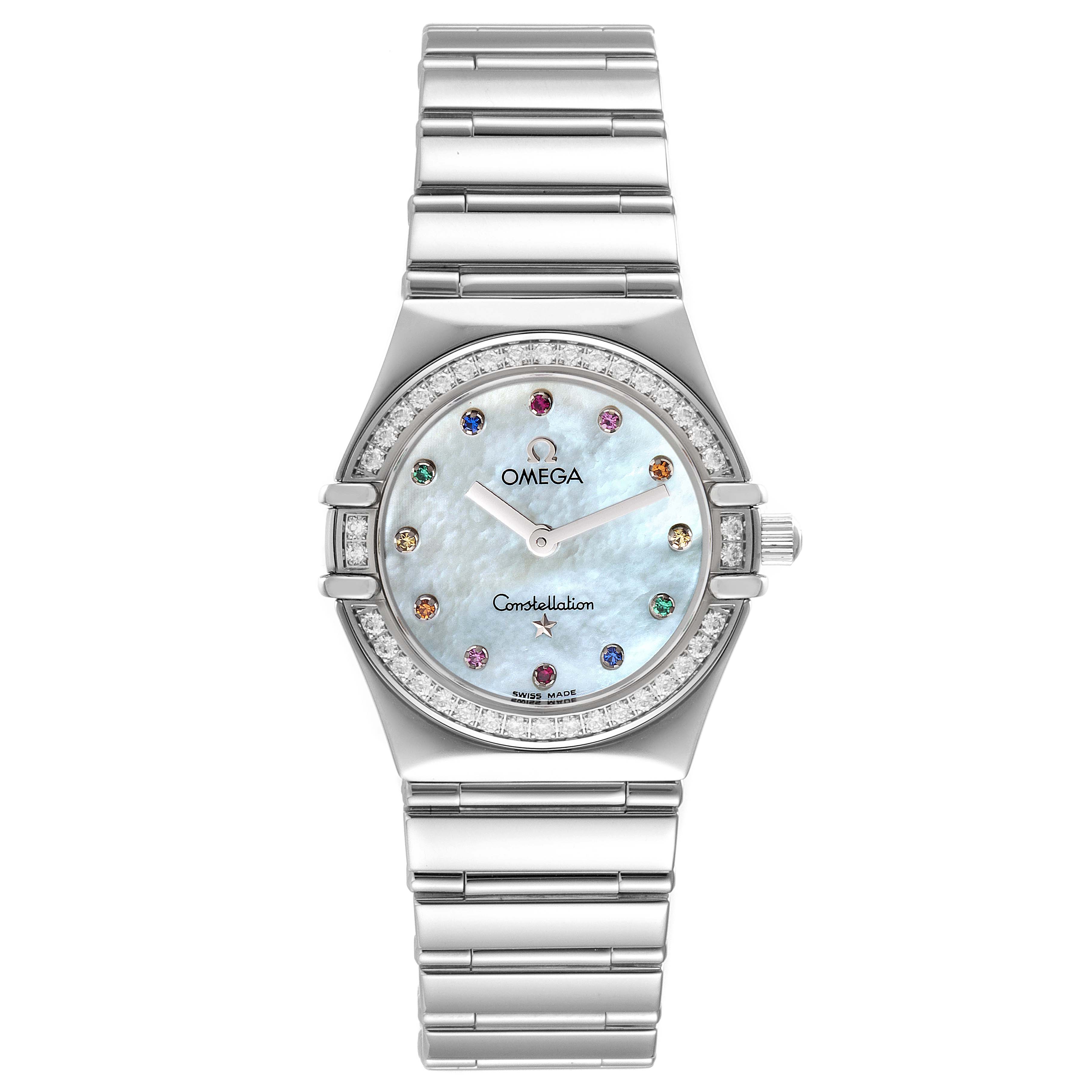 The image shows a front view of the Omega 1475.79.00 Women's Stainless Steel Mother of Pearl Dial 1475.79.00 Women's Stainless Steel Mother of Pearl Dial Constellation Iris Steel Multi Stone Ladies Watch model 1475.79.00.