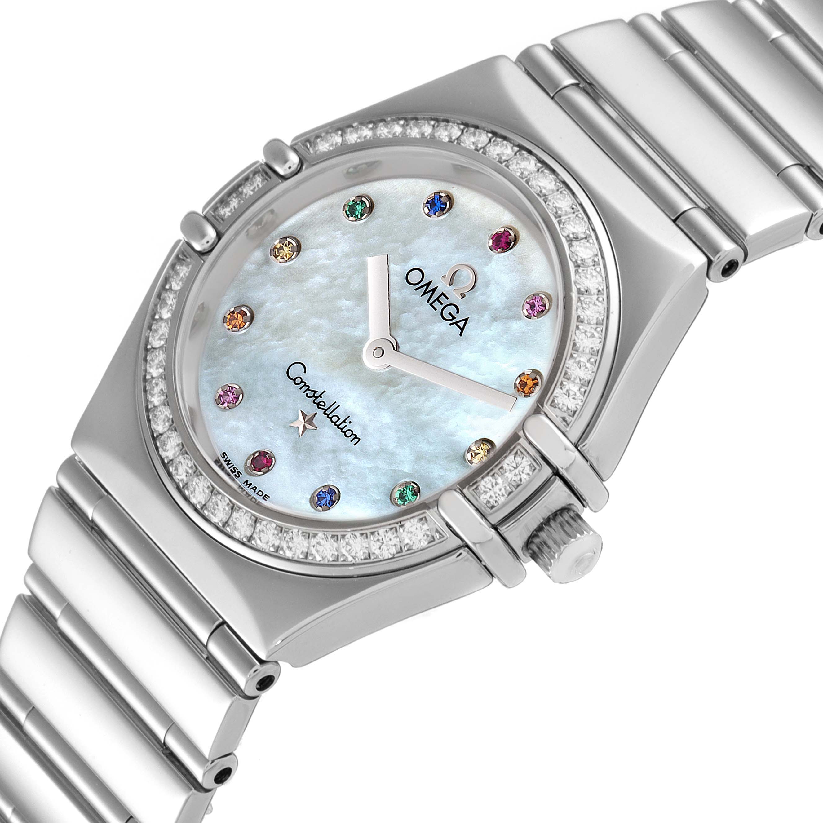 The Omega 1475.79.00 Women's Stainless Steel Mother of Pearl Dial 1475.79.00 Women's Stainless Steel Mother of Pearl Dial Constellation Iris 1475.79.00 watch is shown from a top-side angle, highlighting its bezel, dial, and bracelet.