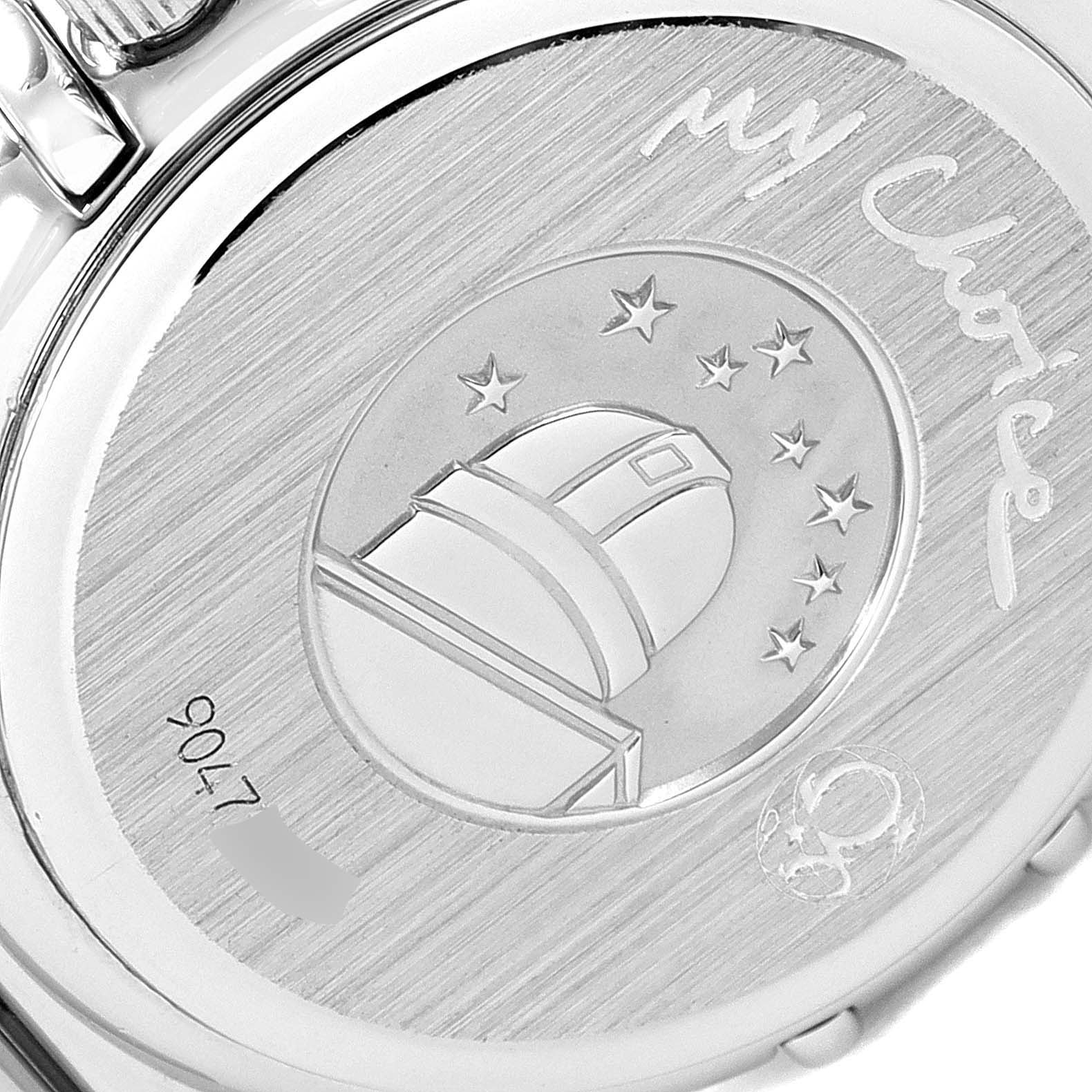 This image shows the engraved back case of the Omega 1475.79.00 Women's Stainless Steel Mother of Pearl Dial 1475.79.00 Women's Stainless Steel Mother of Pearl Dial Constellation Iris Steel Multi Stone Ladies Watch 1475.79.00.