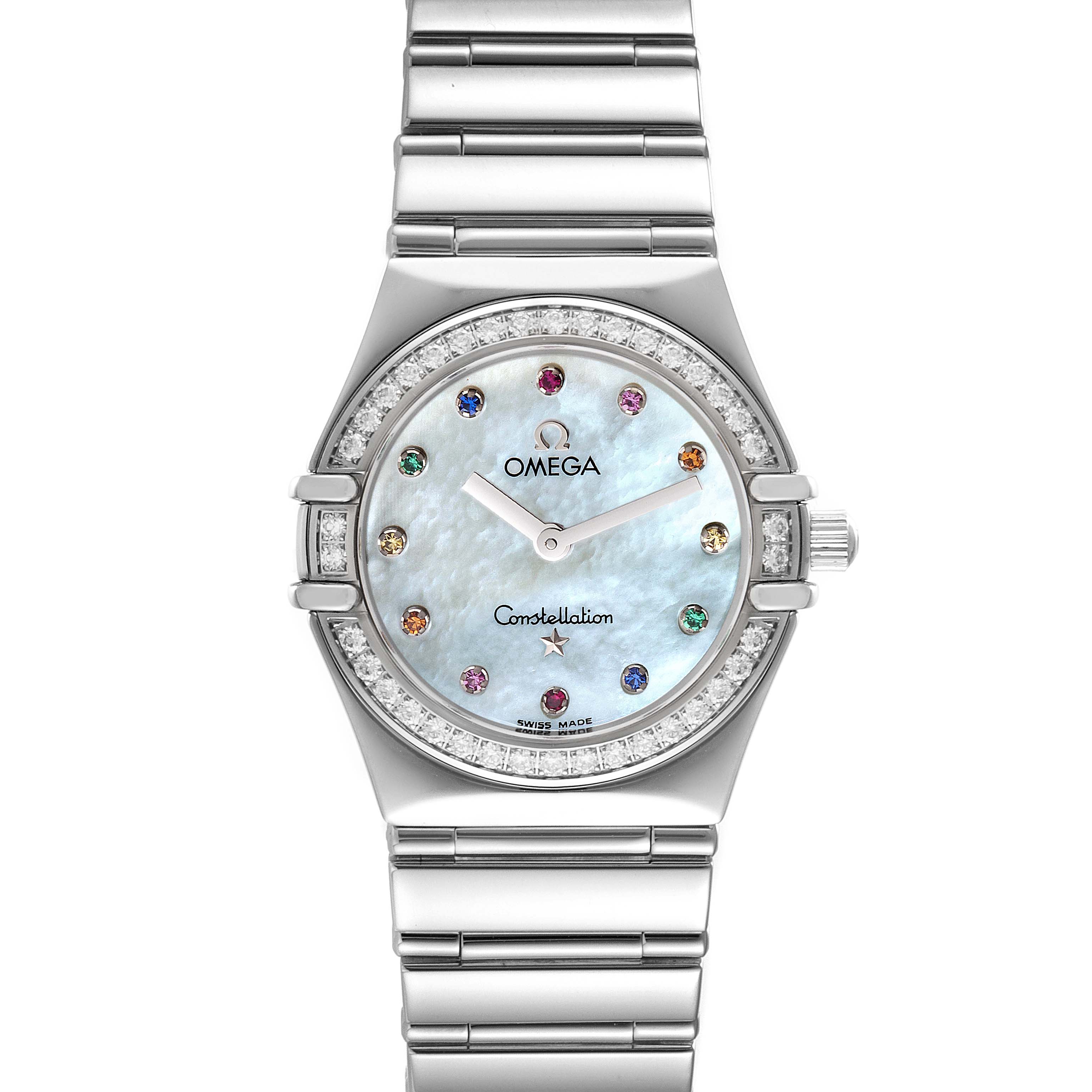 The Omega 1475.79.00 Women's Stainless Steel Mother of Pearl Dial 1475.79.00 Women's Stainless Steel Mother of Pearl Dial Constellation Iris Steel Multi-Stone Ladies Watch 1475.79.00 is shown from a front angle, capturing the entire face, bezel, and bracelet.