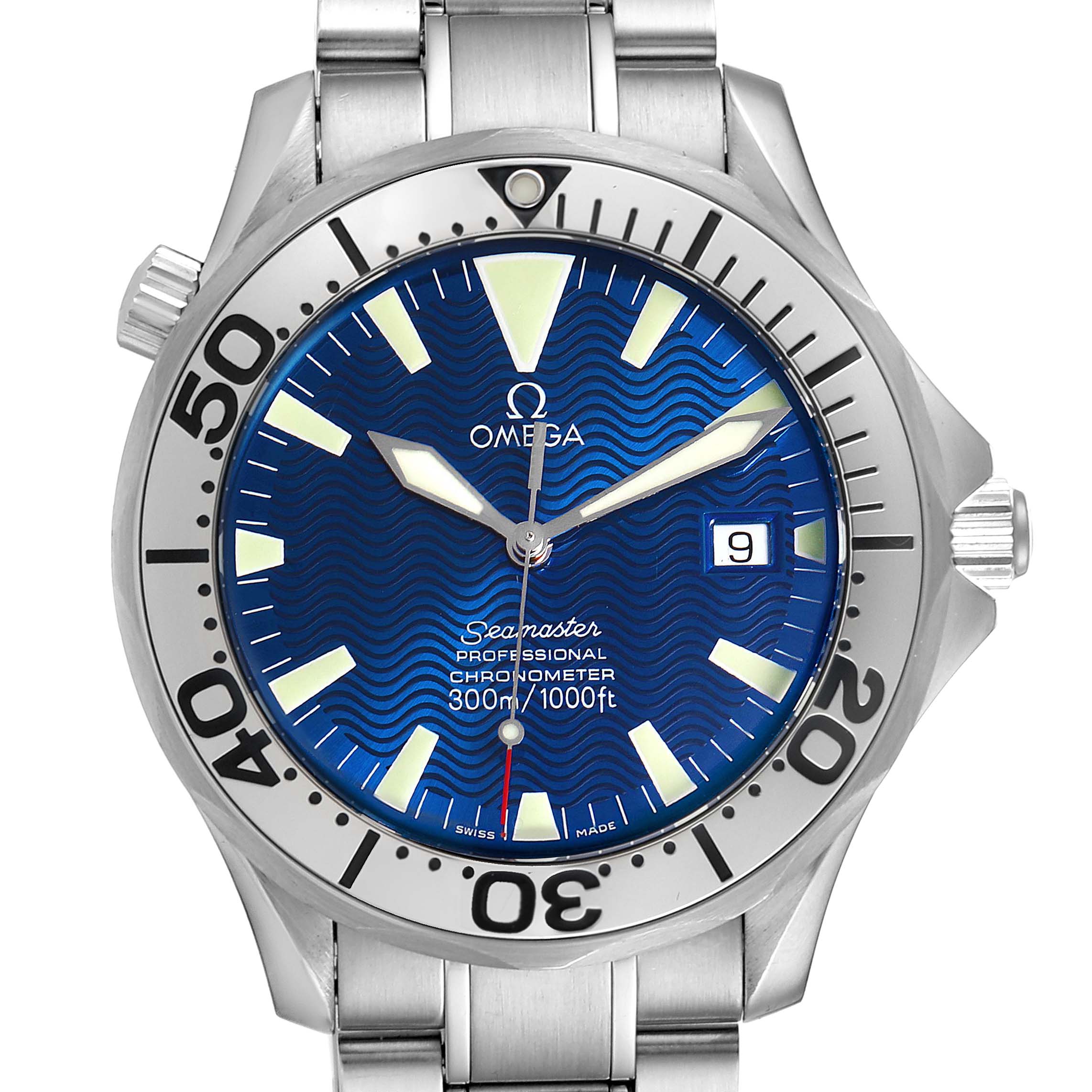The image shows a front view of the Omega Seamaster 2255.80.00 Men's Stainless Steel Blue Dial 2255.80.00 Men's Stainless Steel Blue Dial watch, highlighting its blue dial, date display, and stainless steel bracelet.