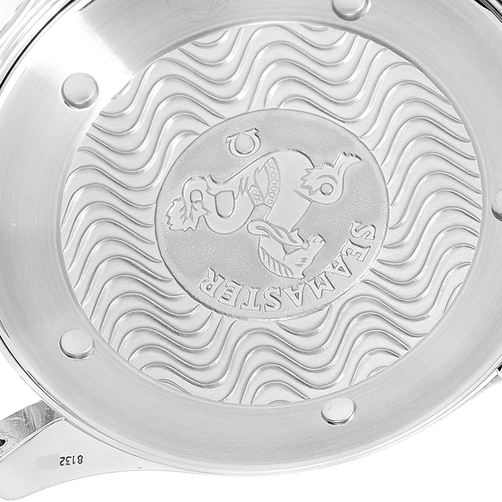 The image shows the case back of an Omega Seamaster 2255.80.00 Men's Stainless Steel Blue Dial 2255.80.00 Men's Stainless Steel Blue Dial watch with intricate engravings and the model name.