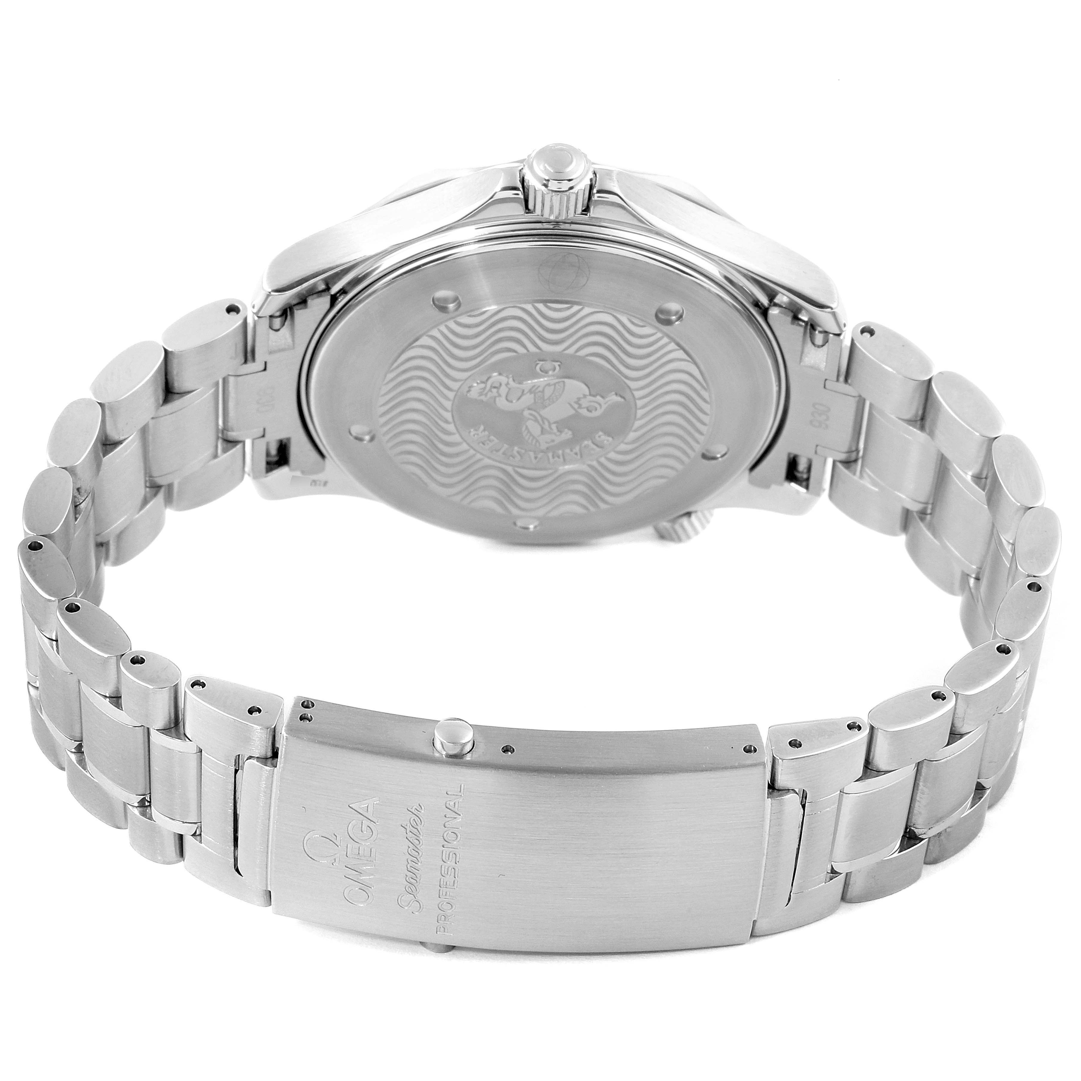 The image shows the back and clasp of an Omega Seamaster 2255.80.00 Men's Stainless Steel Blue Dial 2255.80.00 Men's Stainless Steel Blue Dial watch, highlighting its stainless steel bracelet and engraved case back.