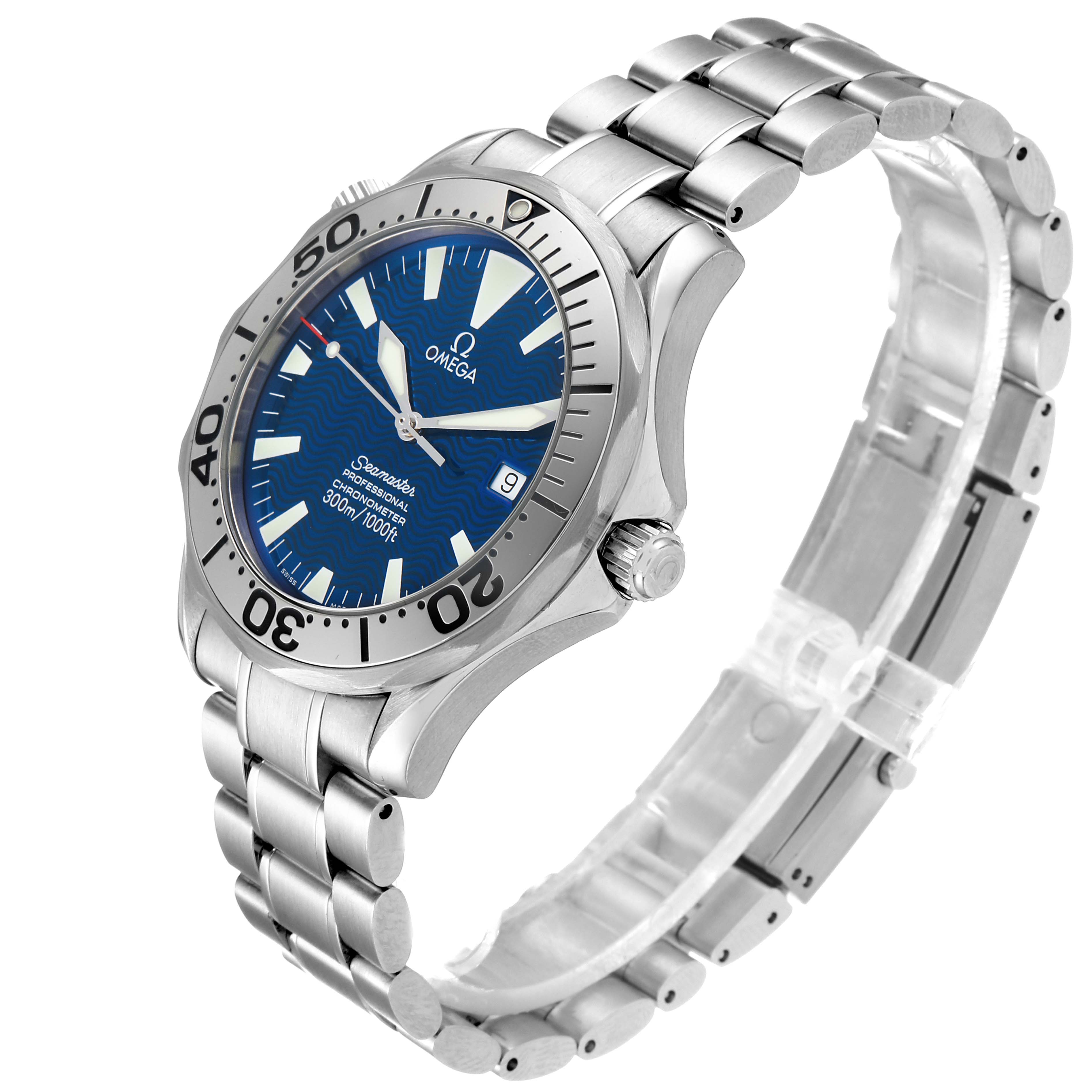 The Omega Seamaster 2255.80.00 Men's Stainless Steel Blue Dial 2255.80.00 Men's Stainless Steel Blue Dial watch is shown at an angle displaying its face, bezel, crown, and metal bracelet.
