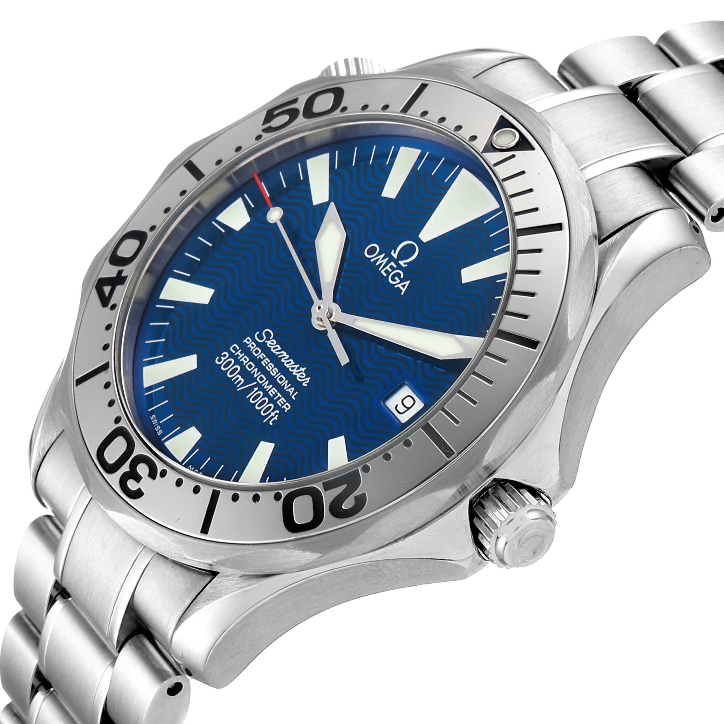 The image shows an angled view of the Omega Seamaster 2255.80.00 Men's Stainless Steel Blue Dial 2255.80.00 Men's Stainless Steel Blue Dial watch, highlighting the dial, bezel, crown, and part of the bracelet.
