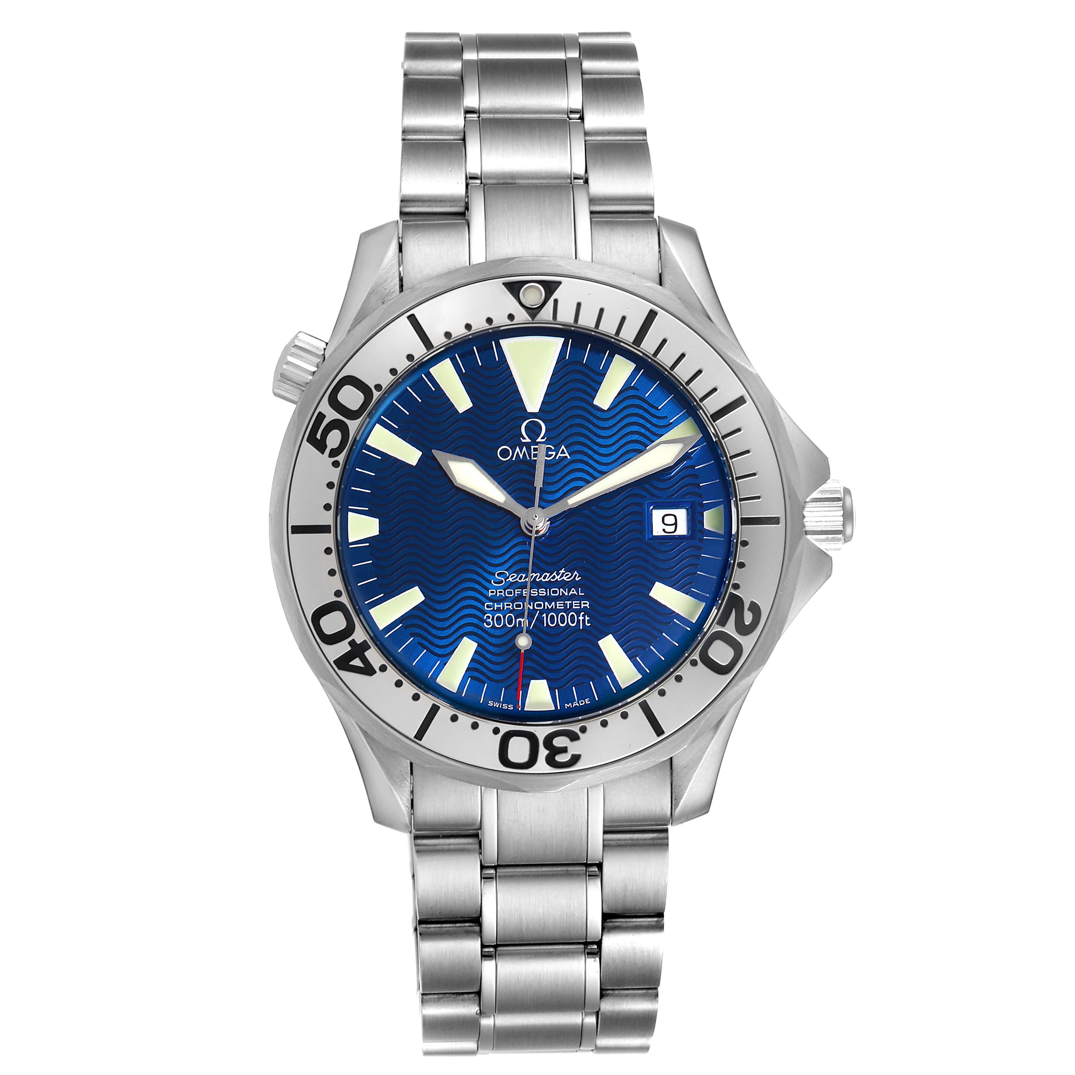 The image shows a front view of the Omega Seamaster 2255.80.00 Men's Stainless Steel Blue Dial 2255.80.00 Men's Stainless Steel Blue Dial watch, displaying its blue dial, bezel, and stainless steel bracelet.