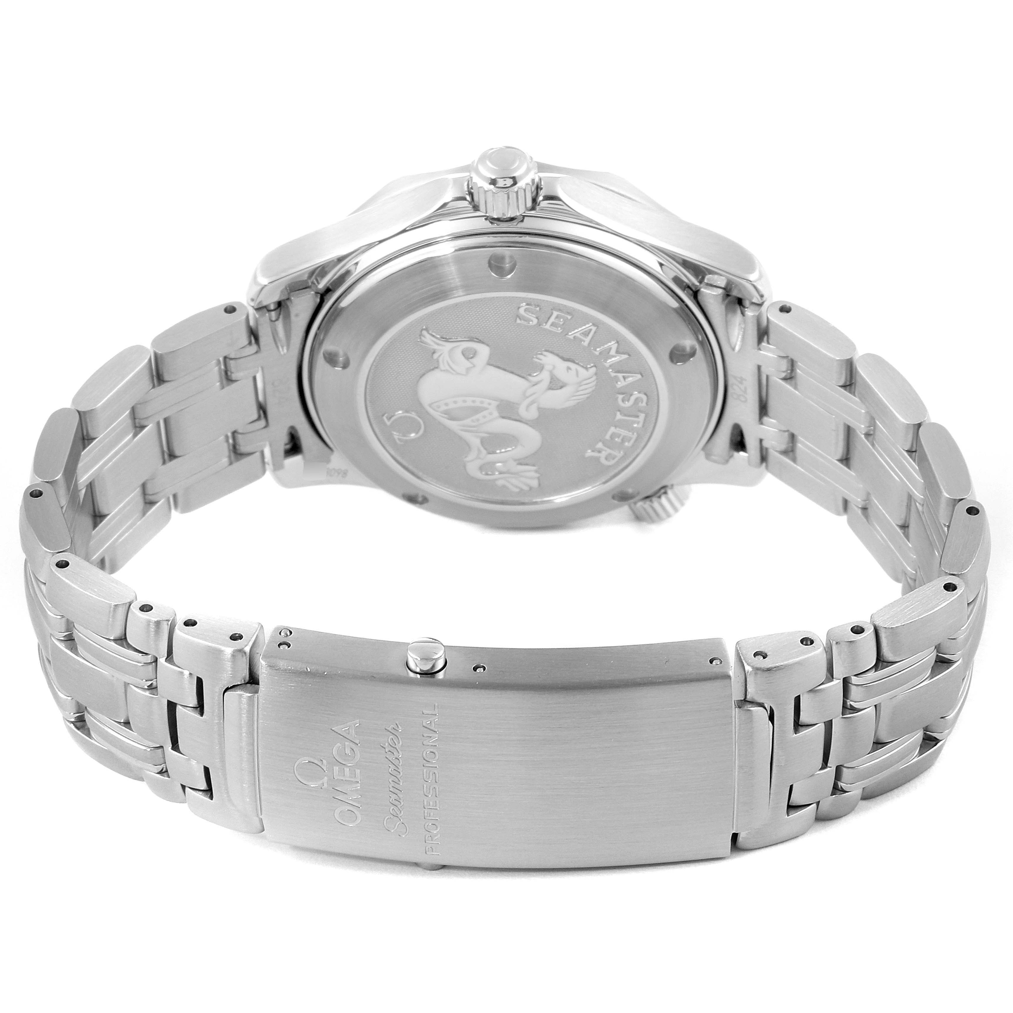 The image shows the back view of an Omega Seamaster 212.30.36.20.01.001 Men's Stainless Steel Black Dial 212.30.36.20.01.001 Men's Stainless Steel Black Dial watch, highlighting its case back and metal bracelet with the clasp.