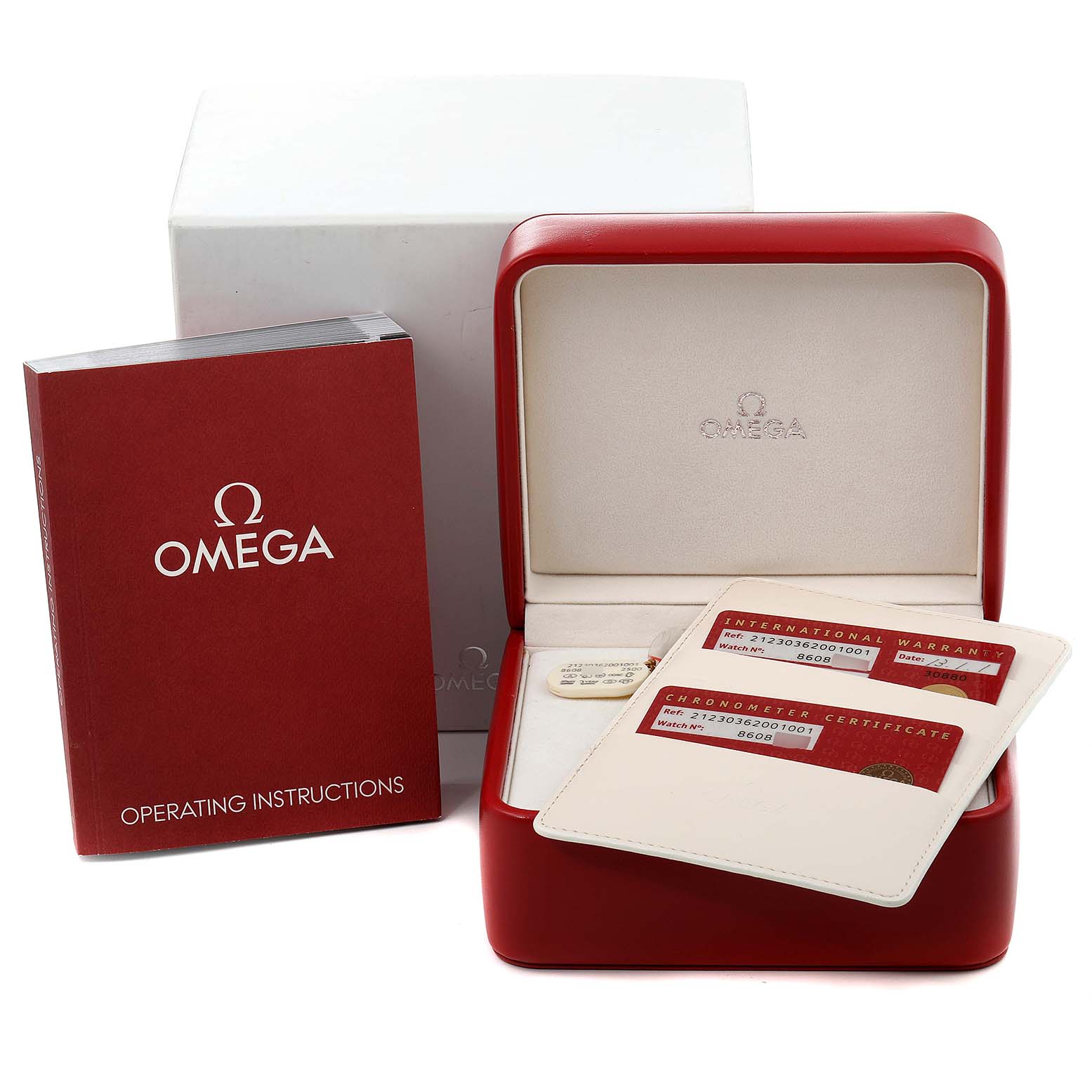 The image shows an Omega Seamaster 212.30.36.20.01.001 Men's Stainless Steel Black Dial 212.30.36.20.01.001 Men's Stainless Steel Black Dial watch box with operating instructions, warranty cards, and a certificate.
