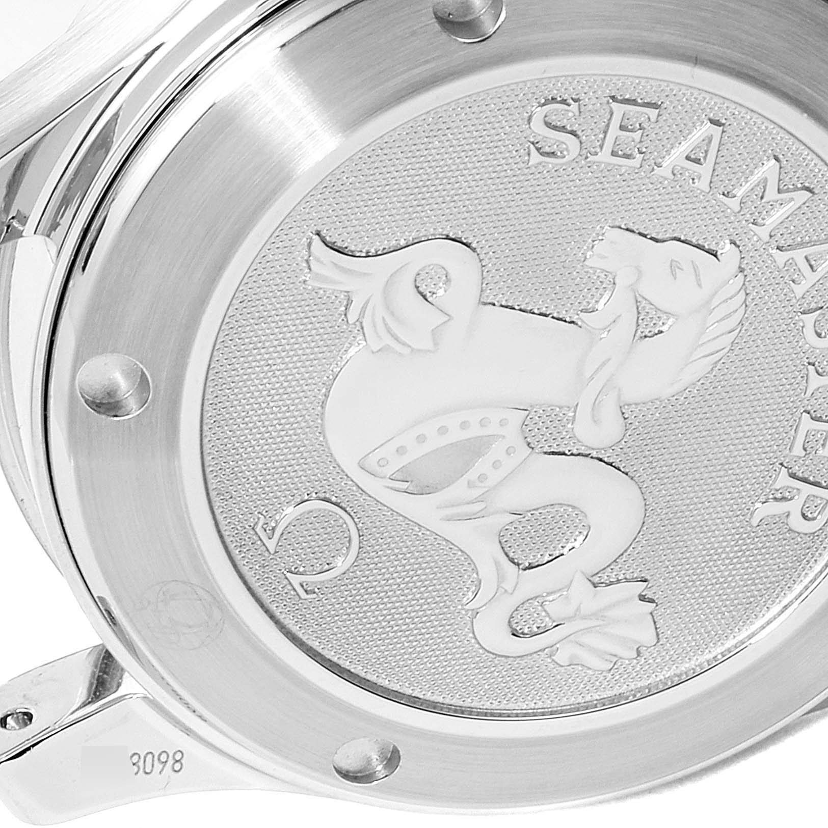 The image shows the back casing of an Omega Seamaster 212.30.36.20.01.001 Men's Stainless Steel Black Dial 212.30.36.20.01.001 Men's Stainless Steel Black Dial watch featuring an engraved emblem.