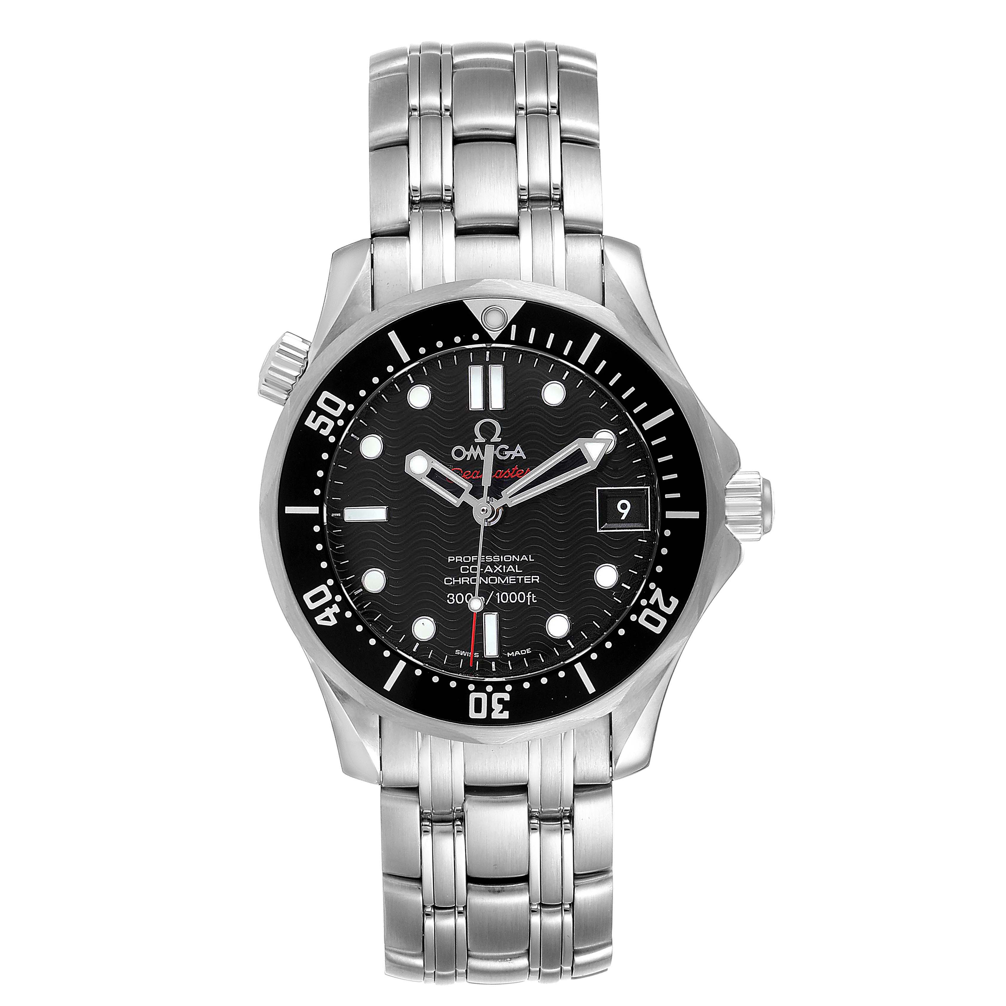 The image shows a front view of an Omega Seamaster 212.30.36.20.01.001 Men's Stainless Steel Black Dial 212.30.36.20.01.001 Men's Stainless Steel Black Dial watch displaying its face, bezel, bracelet, and crown.