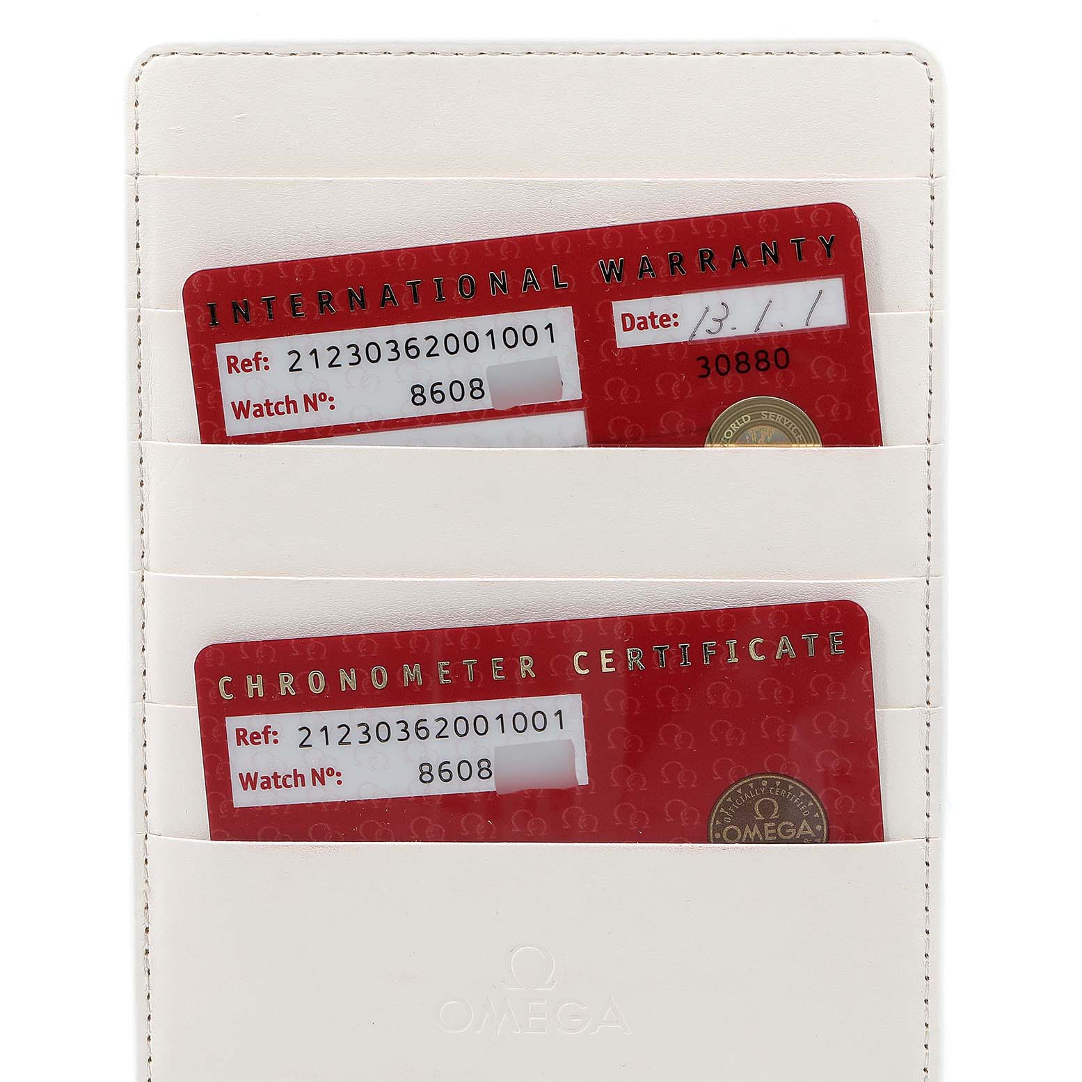 The image shows international warranty and chronometer certificate cards for an Omega Seamaster 212.30.36.20.01.001 Men's Stainless Steel Black Dial 212.30.36.20.01.001 Men's Stainless Steel Black Dial watch.