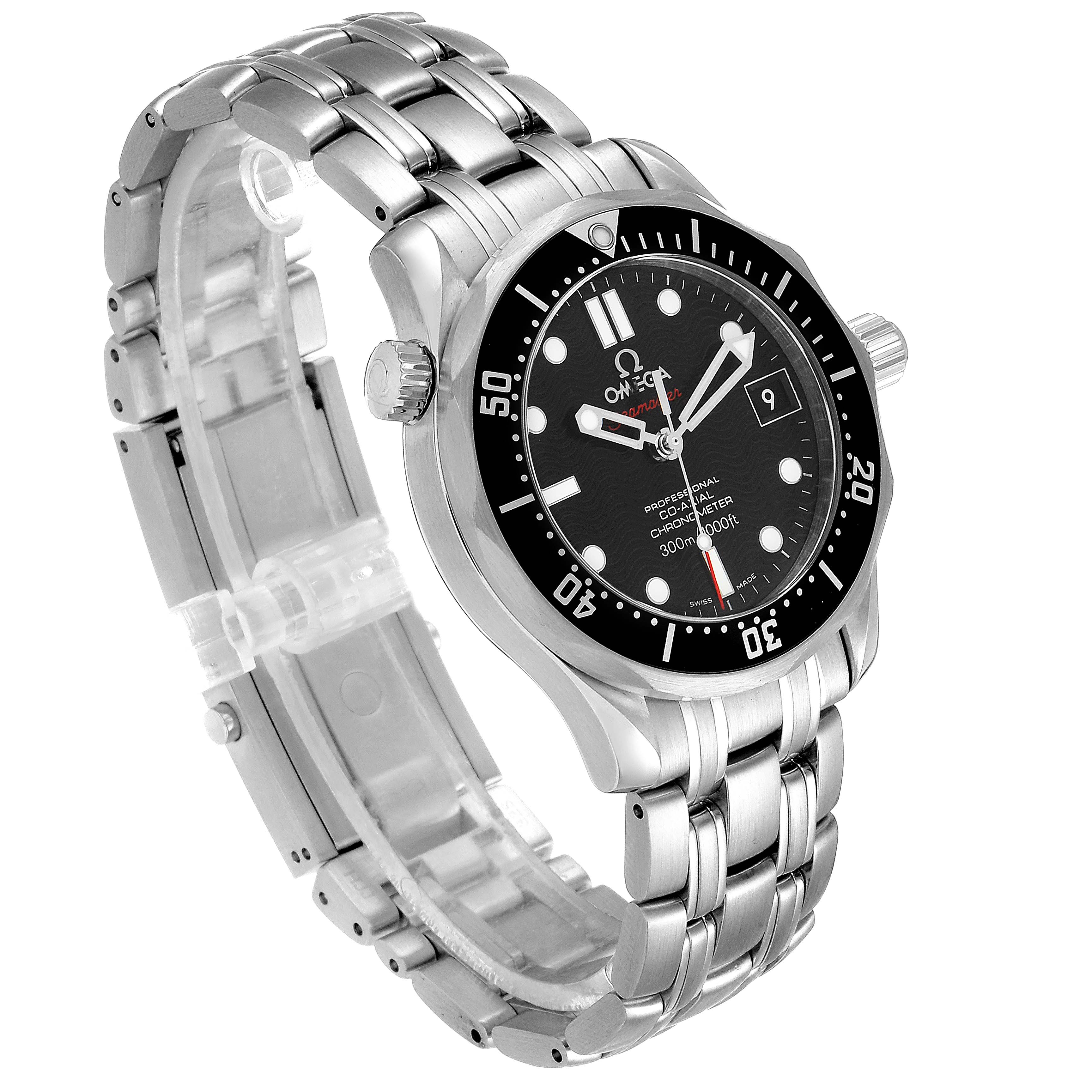 The Omega Seamaster 212.30.36.20.01.001 Men's Stainless Steel Black Dial 212.30.36.20.01.001 Men's Stainless Steel Black Dial watch is shown at a 3/4 angle, highlighting its stainless steel bracelet, black dial, and rotating bezel.