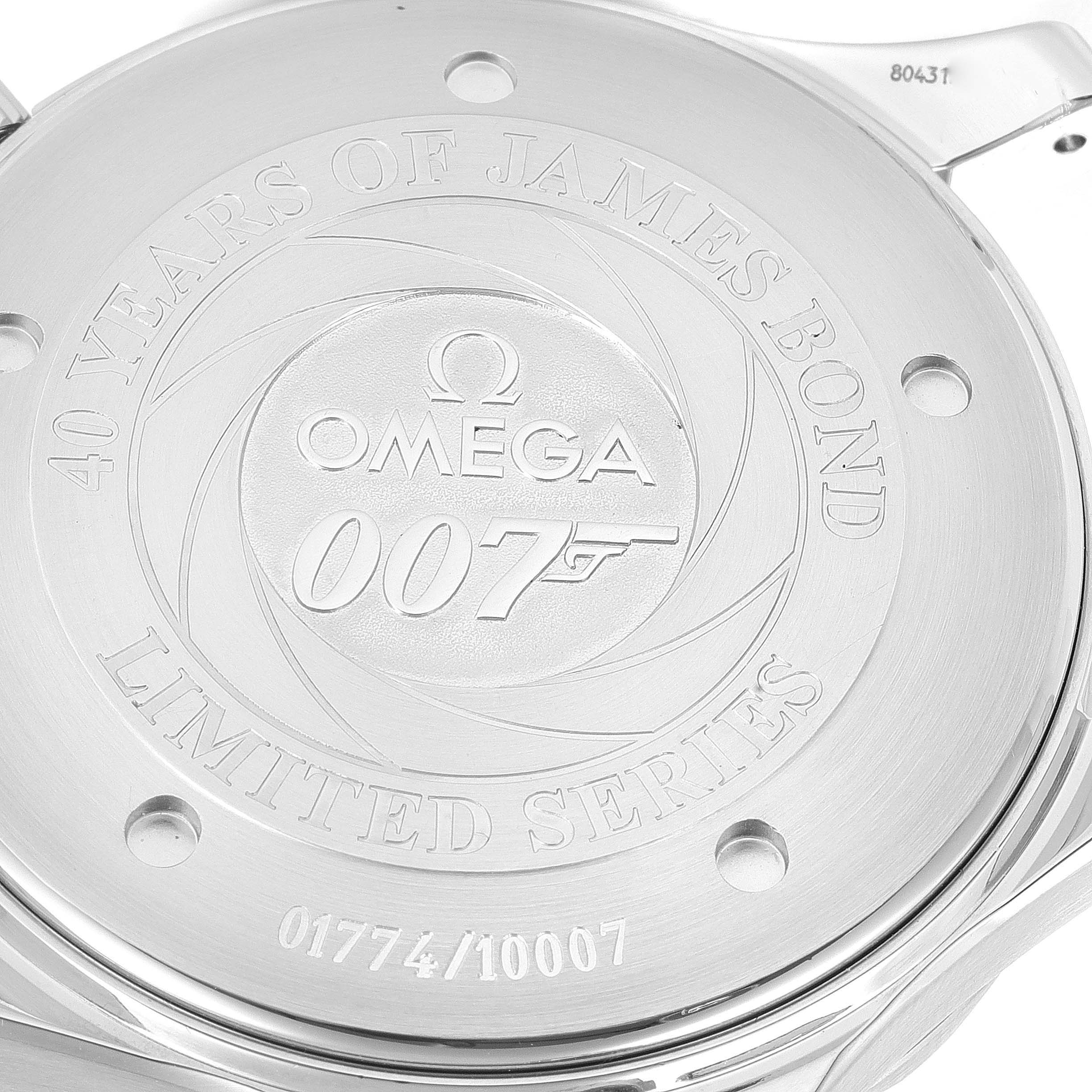 The image shows the case back of an Omega Seamaster 2537.80.00 Men's Stainless Steel Blue Dial 2537.80.00 Men's Stainless Steel Blue Dial watch, featuring "40 Years of James Bond" and "Limited Series" engravings.
