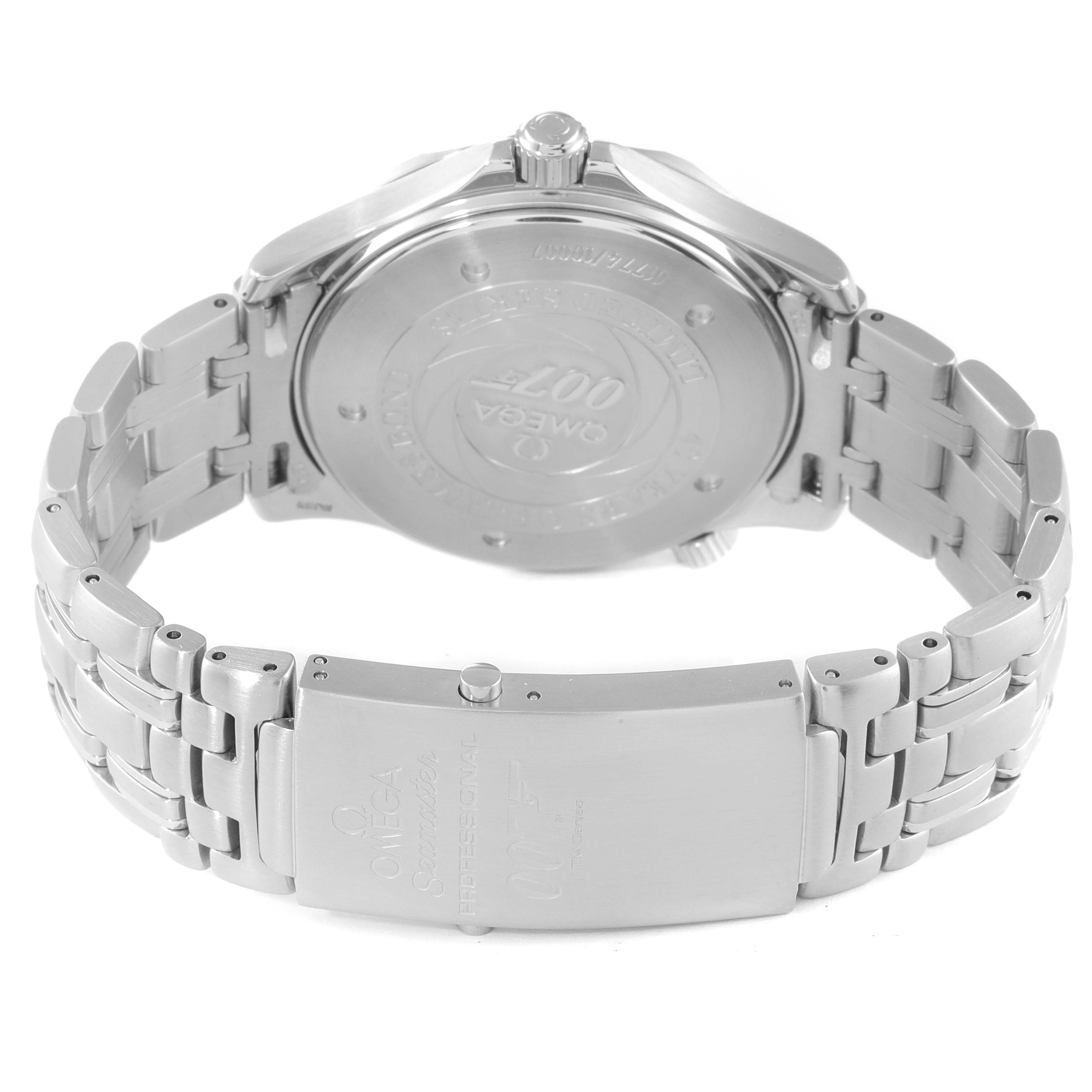 The image shows the back and bracelet of an Omega Seamaster 2537.80.00 Men's Stainless Steel Blue Dial 2537.80.00 Men's Stainless Steel Blue Dial watch, including the case back and clasp, at an angled perspective.