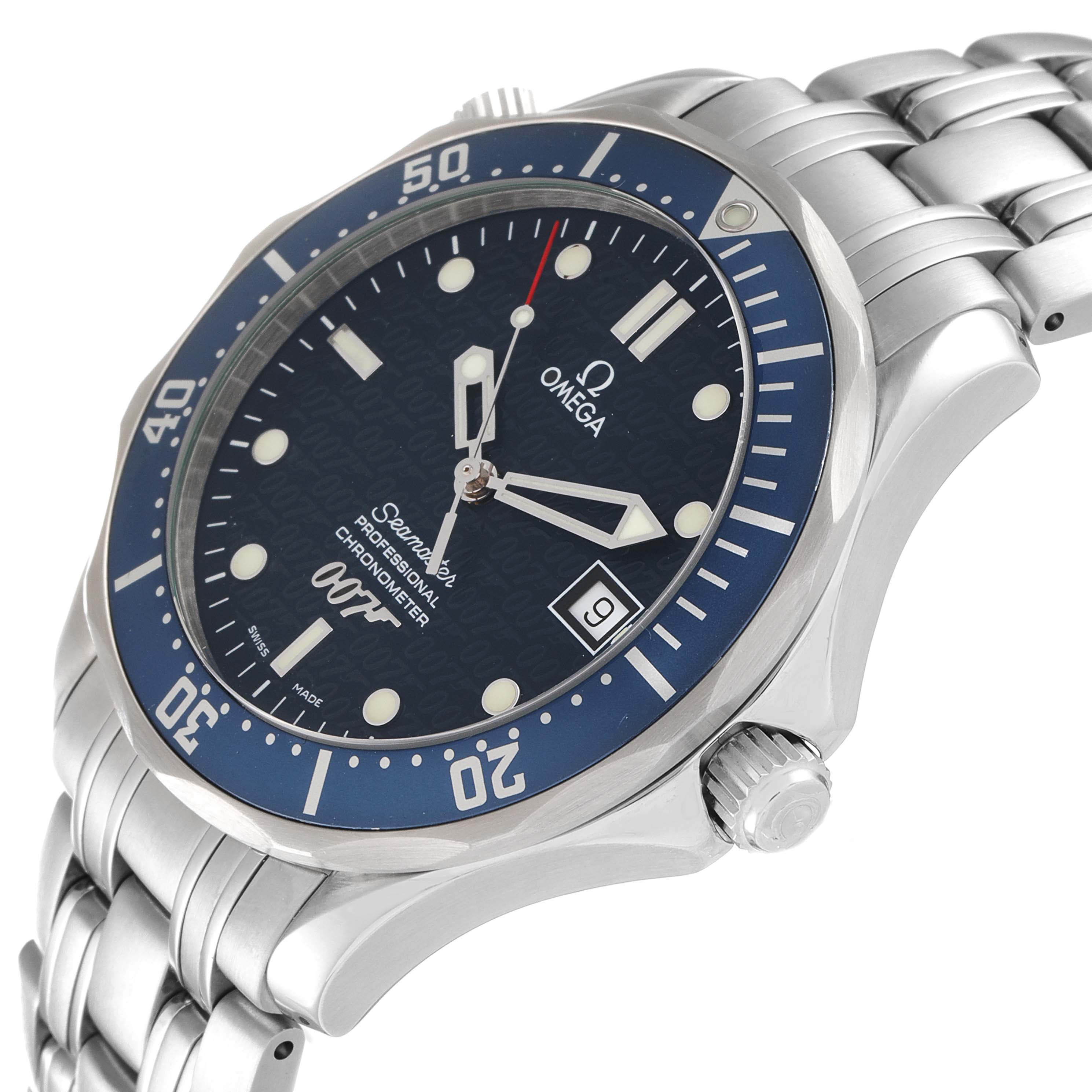 The image shows a side angle of the Omega Seamaster 2537.80.00 Men's Stainless Steel Blue Dial 2537.80.00 Men's Stainless Steel Blue Dial watch, highlighting its bezel, dial, hands, and date window.