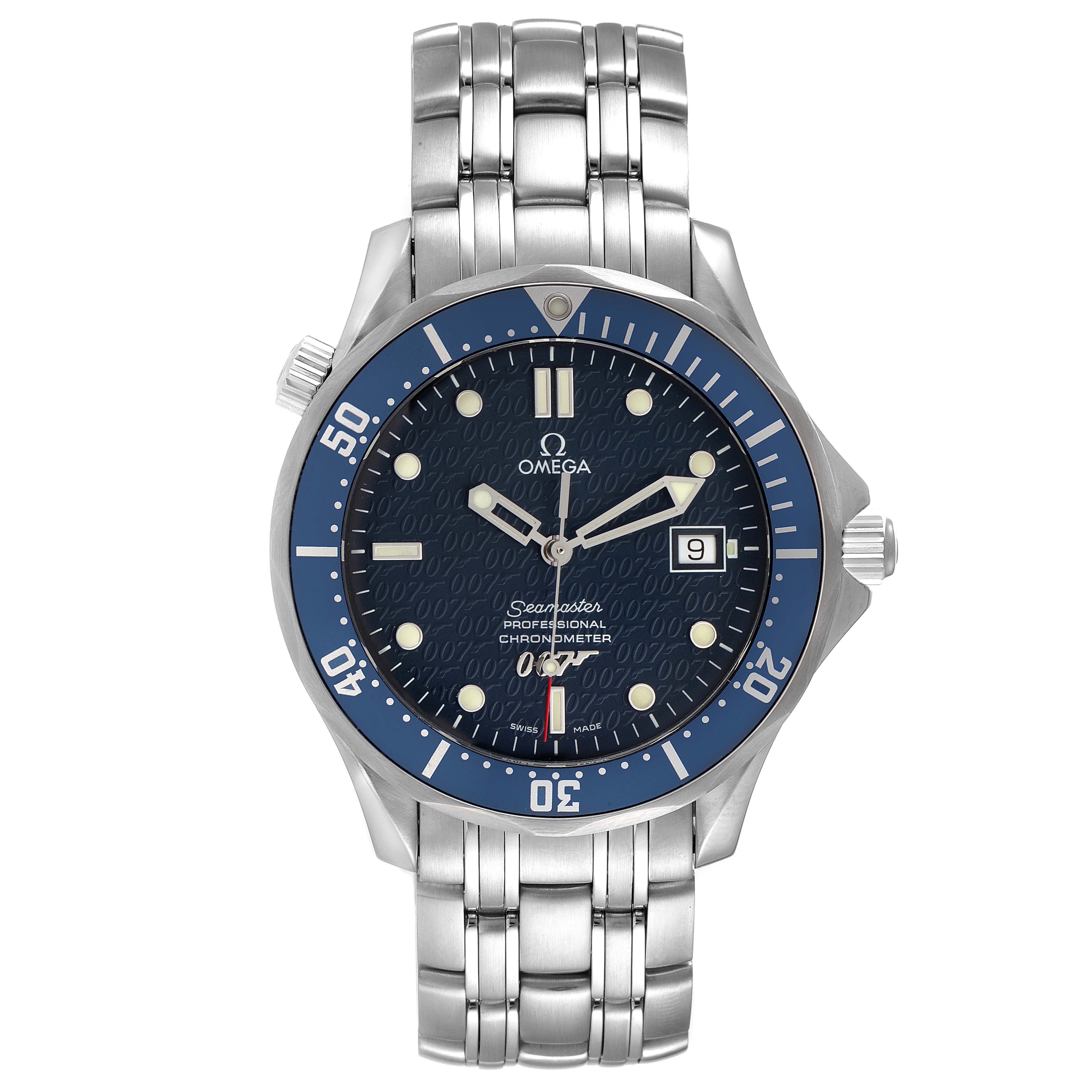 The image shows a frontal view of an Omega Seamaster 2537.80.00 Men's Stainless Steel Blue Dial 2537.80.00 Men's Stainless Steel Blue Dial watch, highlighting its blue dial, metal bracelet, and date window.