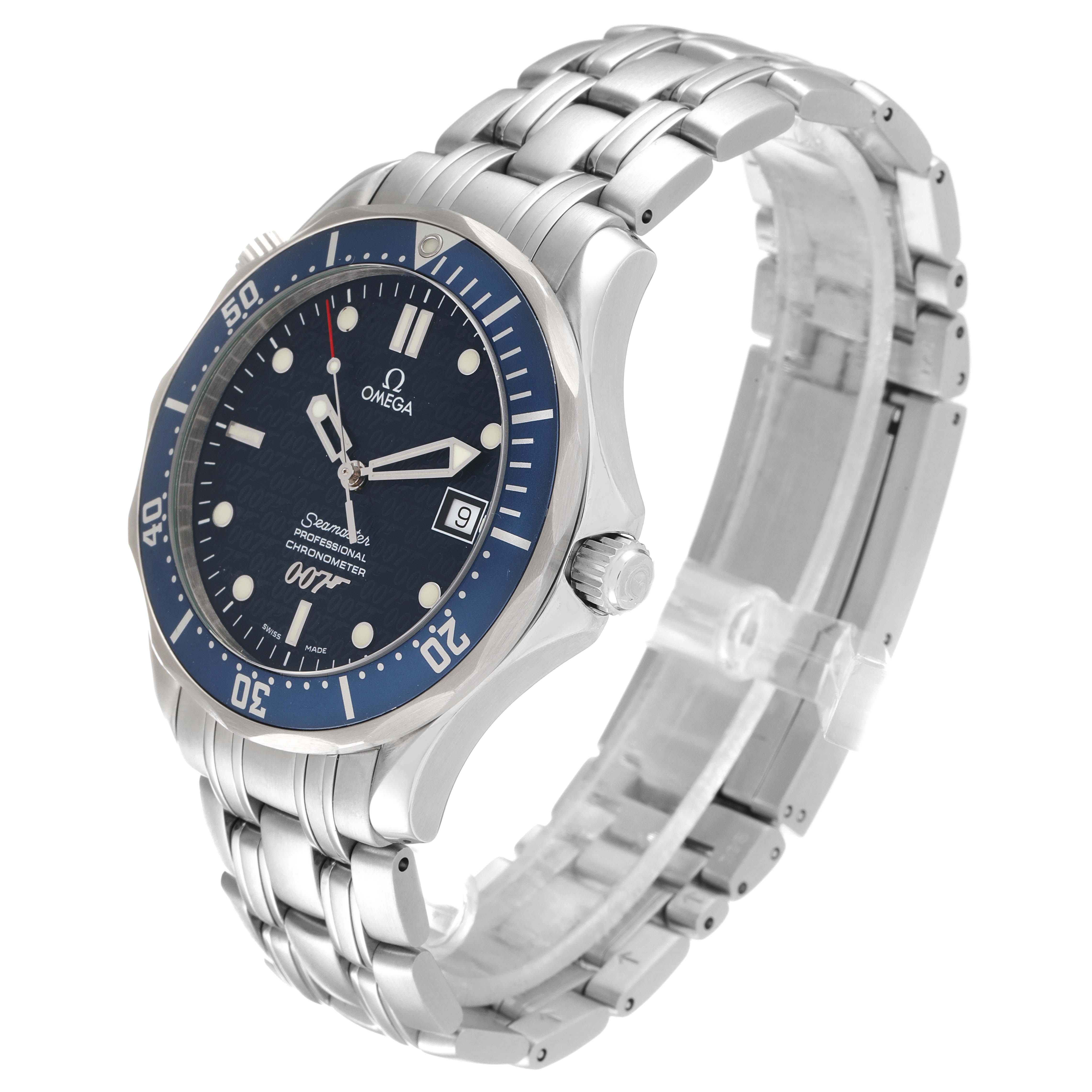 The image shows a side angle of the Omega Seamaster 2537.80.00 Men's Stainless Steel Blue Dial 2537.80.00 Men's Stainless Steel Blue Dial watch, highlighting its blue dial, bezel, and stainless steel bracelet.