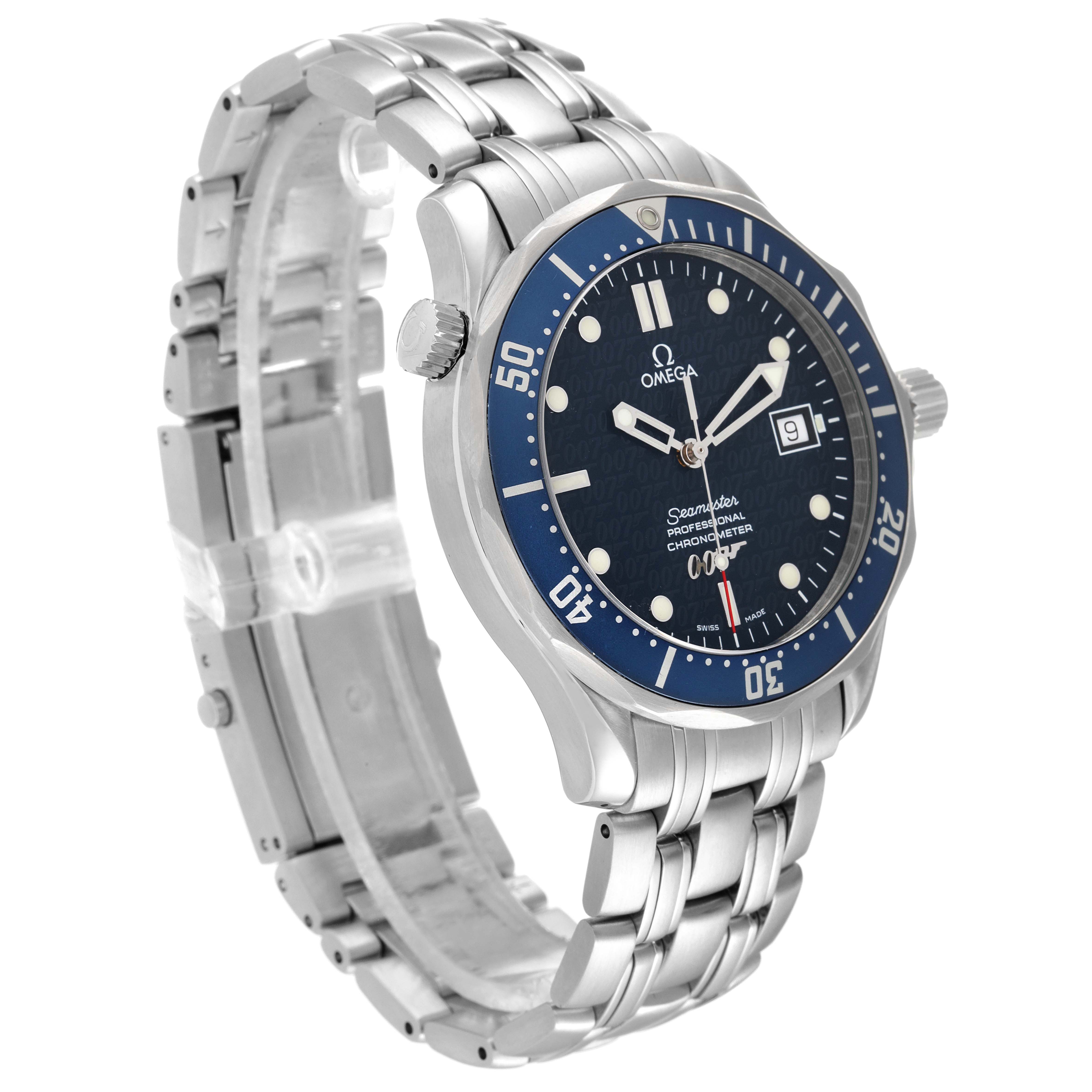 The image shows an Omega Seamaster 2537.80.00 Men's Stainless Steel Blue Dial 2537.80.00 Men's Stainless Steel Blue Dial watch at a slight side angle, displaying the bezel, dial, bracelet, and crown.