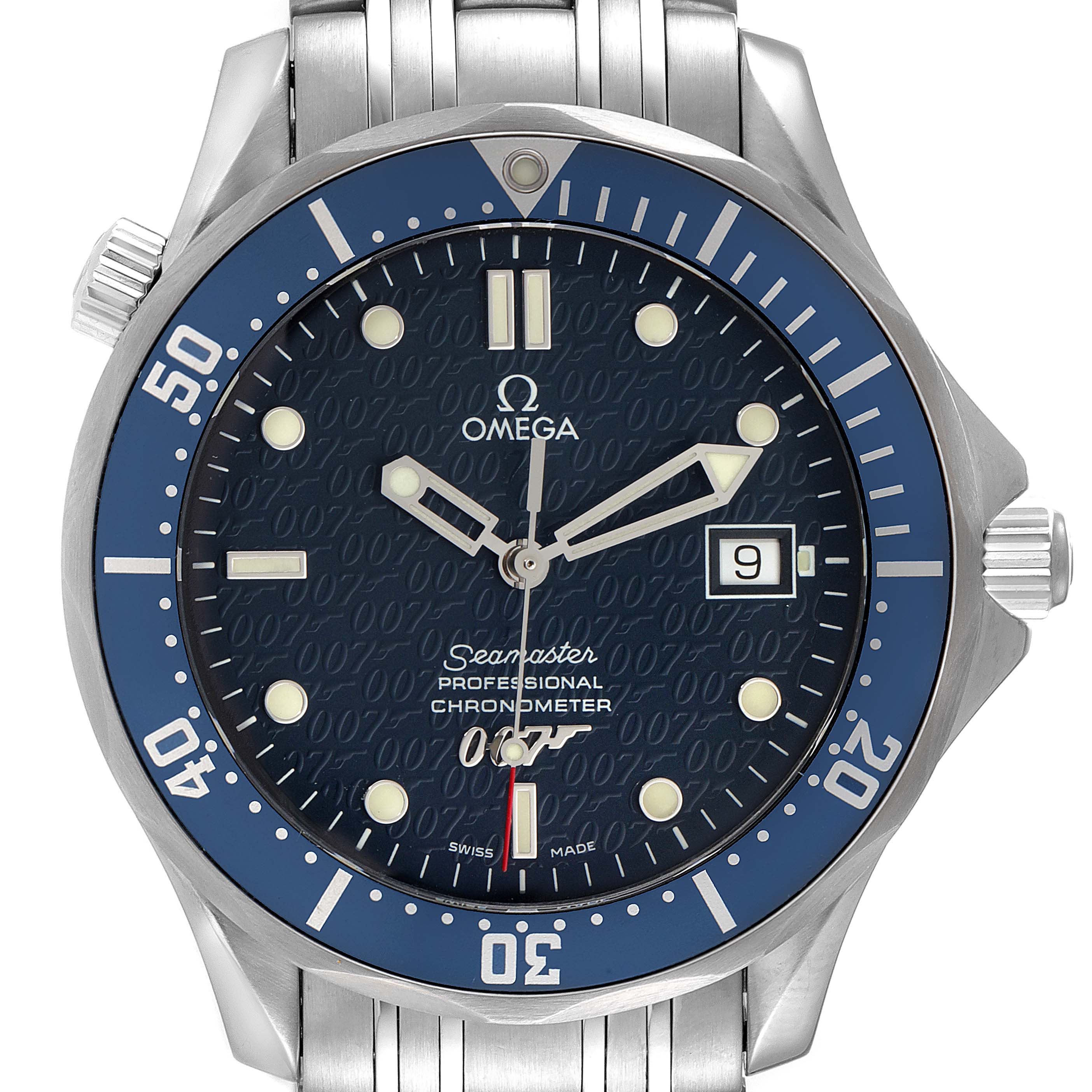 This image shows a front view of the Omega Seamaster 2537.80.00 Men's Stainless Steel Blue Dial 2537.80.00 Men's Stainless Steel Blue Dial Professional Chronometer watch, including its dial, bezel, and bracelet.