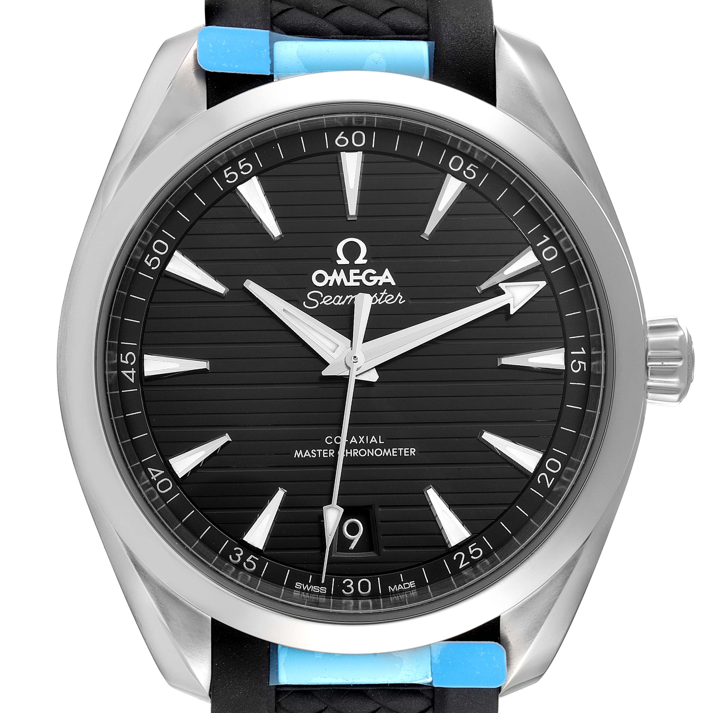 The Omega Aqua Terra 220.12.41.21.01.001 Men's Stainless Steel Black Dial 220.12.41.21.01.001 Men's Stainless Steel Black Dial watch is shown from a front angle, displaying the black dial, hands, hour markers, and date window.