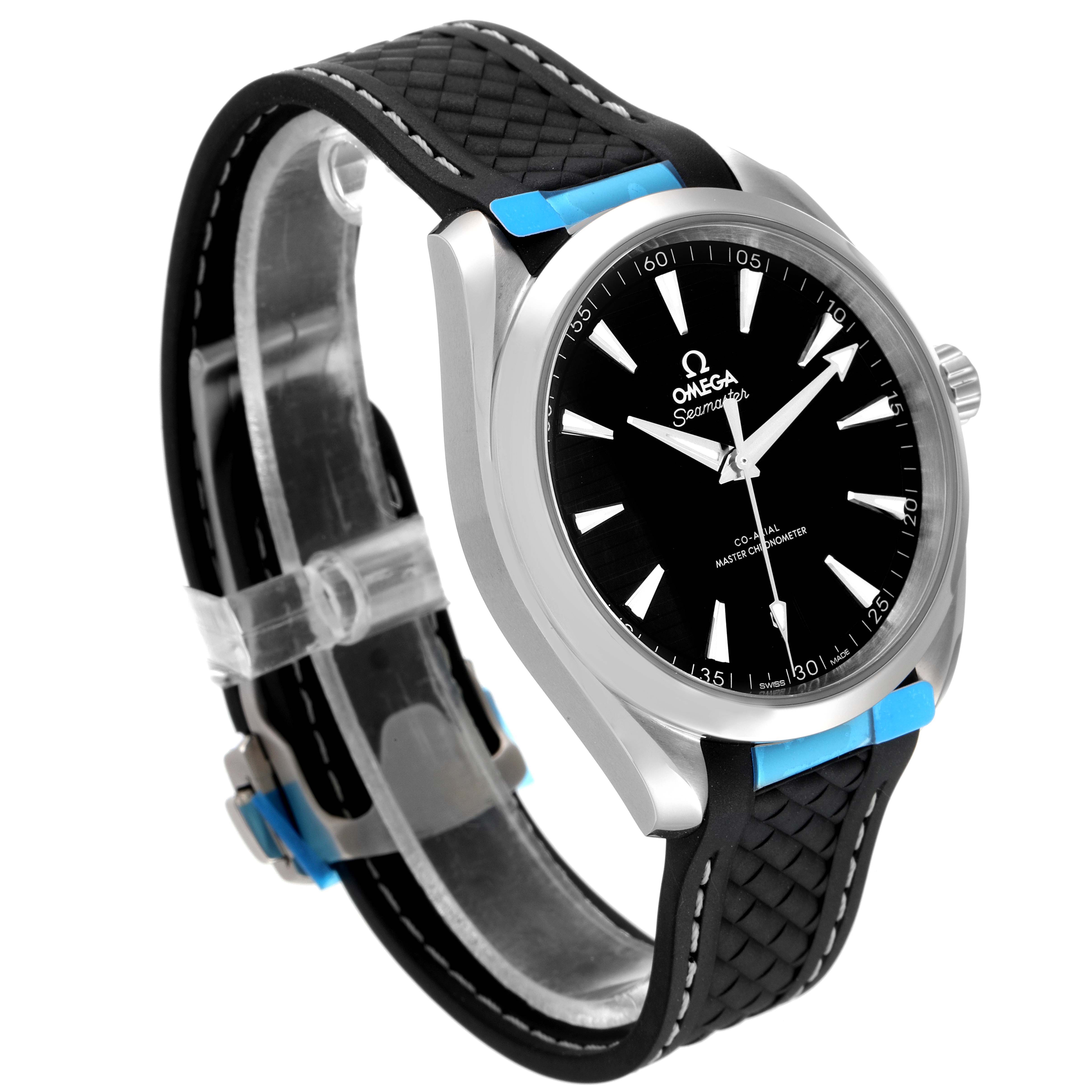 This Omega Aqua Terra 220.12.41.21.01.001 Men's Stainless Steel Black Dial 220.12.41.21.01.001 Men's Stainless Steel Black Dial model watch is shown at an angled side view, displaying the case, dial, bezel, and strap.