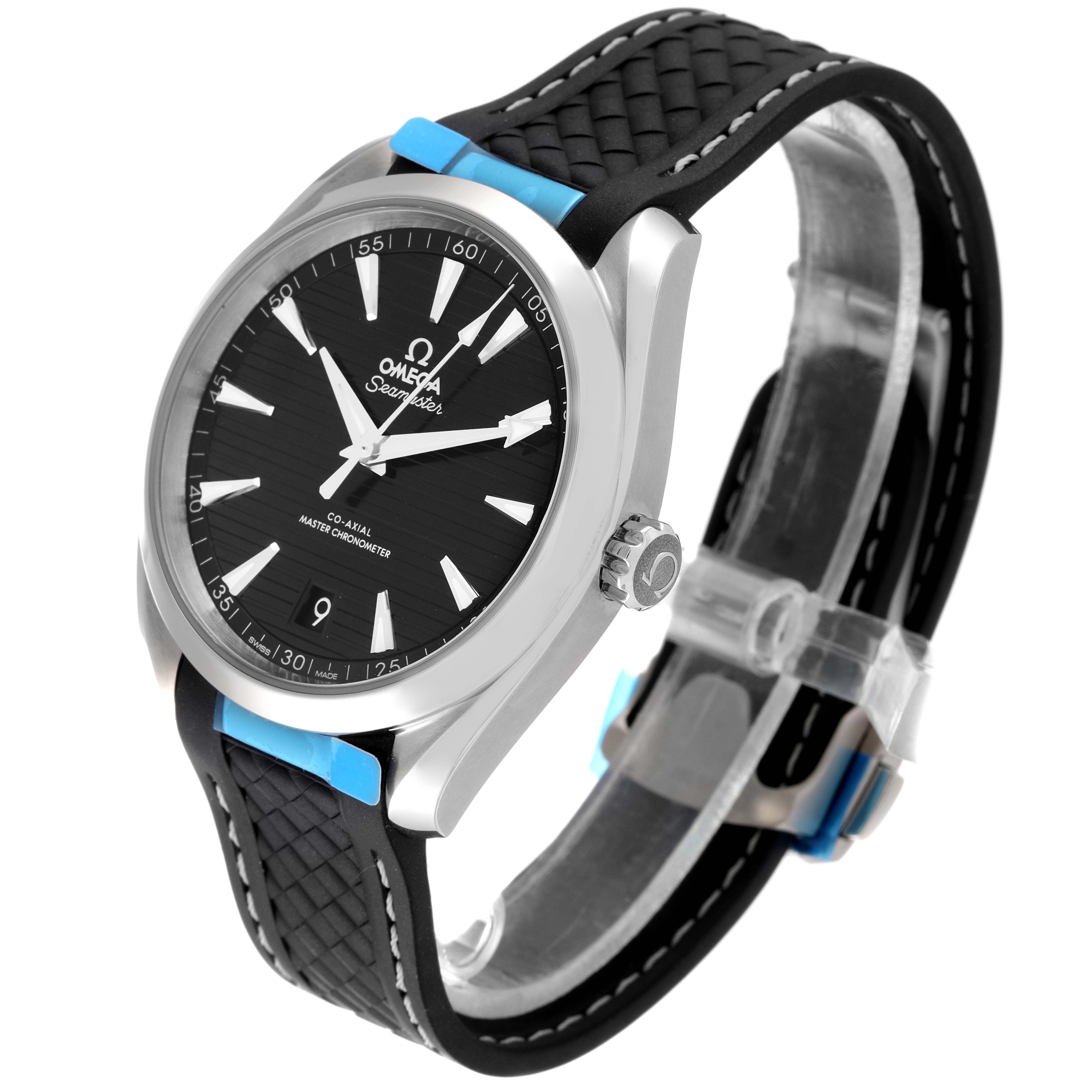 The image shows an Omega Aqua Terra 220.12.41.21.01.001 Men's Stainless Steel Black Dial 220.12.41.21.01.001 Men's Stainless Steel Black Dial watch at an angled side view, highlighting the face, crown, and strap.