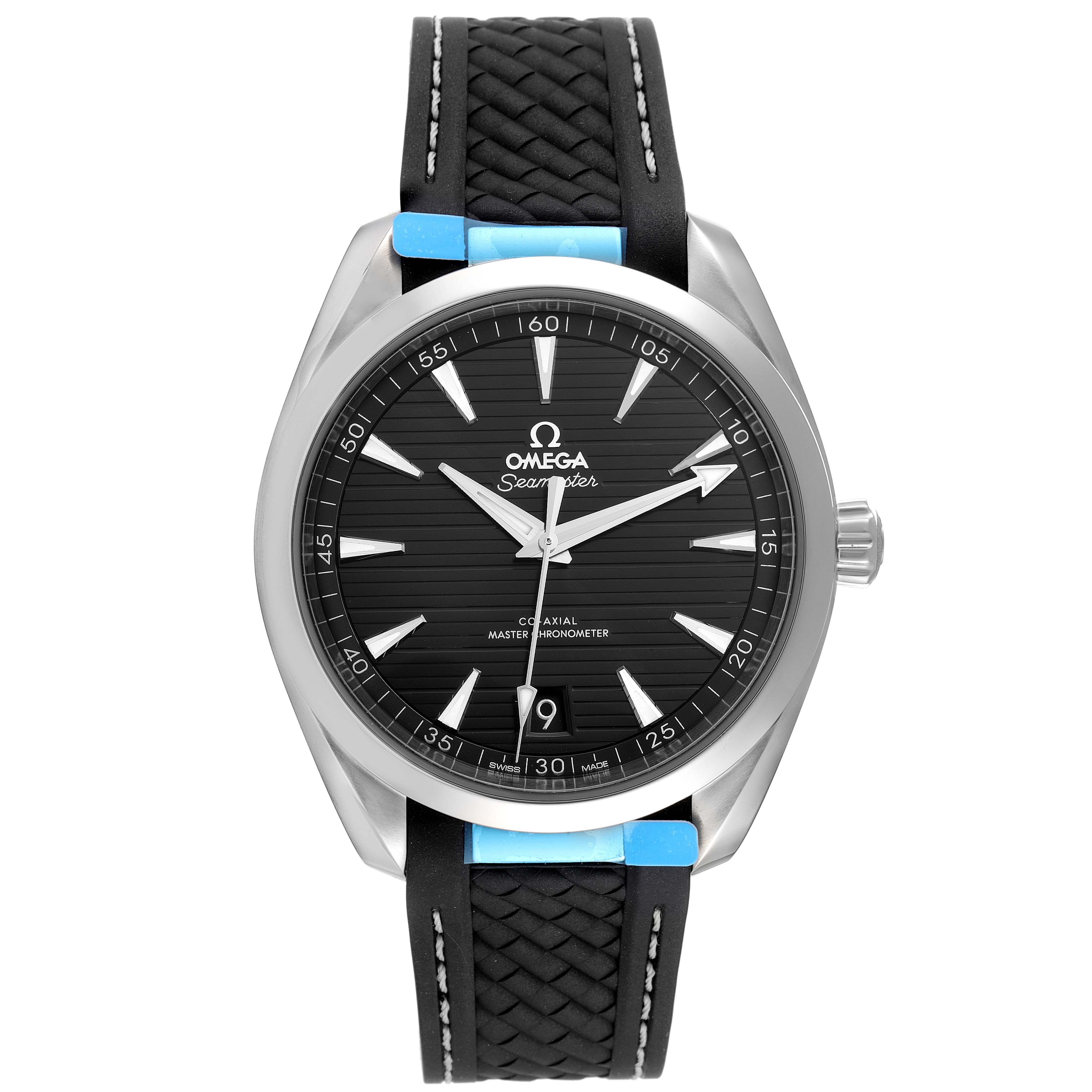 The image shows a front view of the Omega Aqua Terra 220.12.41.21.01.001 Men's Stainless Steel Black Dial 220.12.41.21.01.001 Men's Stainless Steel Black Dial model, highlighting its black textured dial, silver bezel, and black strap.