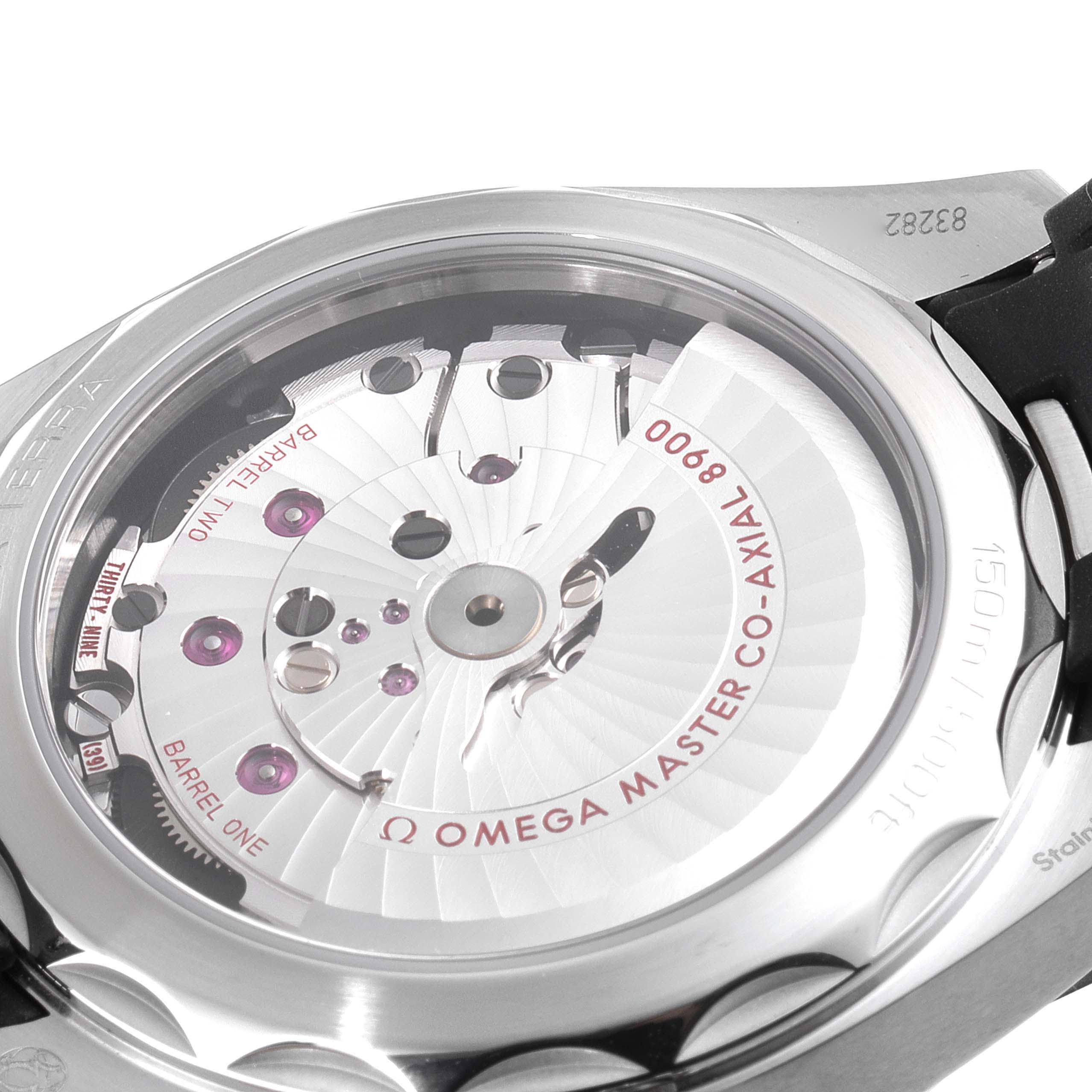 The image shows the back view of the Omega Aqua Terra 220.12.41.21.01.001 Men's Stainless Steel Black Dial 220.12.41.21.01.001 Men's Stainless Steel Black Dial watch, highlighting the Omega Master Co-Axial 8900 movement.