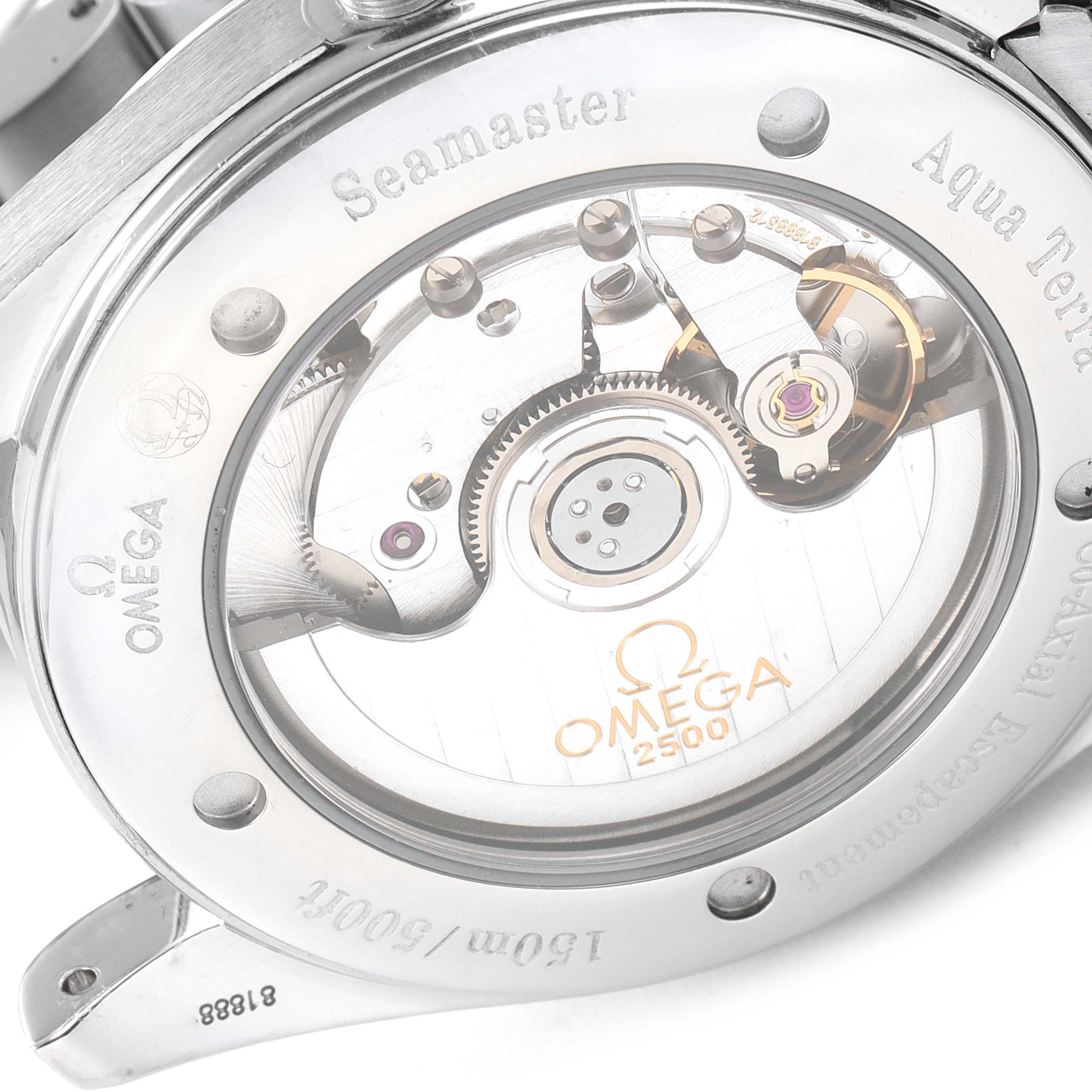 The image shows the back view of the Omega Aqua Terra 2503.80.00 Men's Stainless Steel Blue Dial 2503.80.00 Men's Stainless Steel Blue Dial model, revealing its internal movement and engraving details.