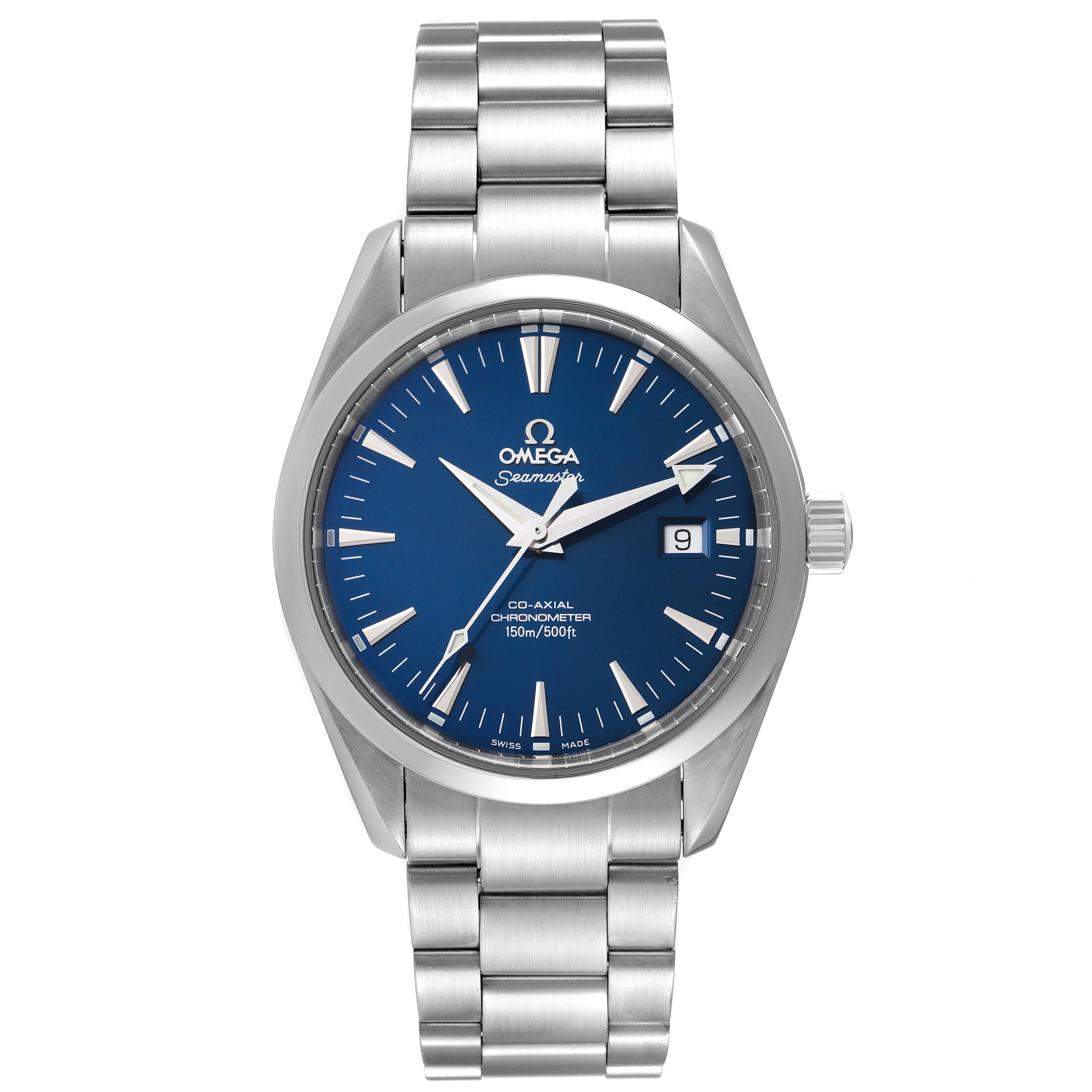 The image shows a front view of an Omega Aqua Terra 2503.80.00 Men's Stainless Steel Blue Dial 2503.80.00 Men's Stainless Steel Blue Dial model watch, featuring a blue dial, date display, and stainless steel bracelet.