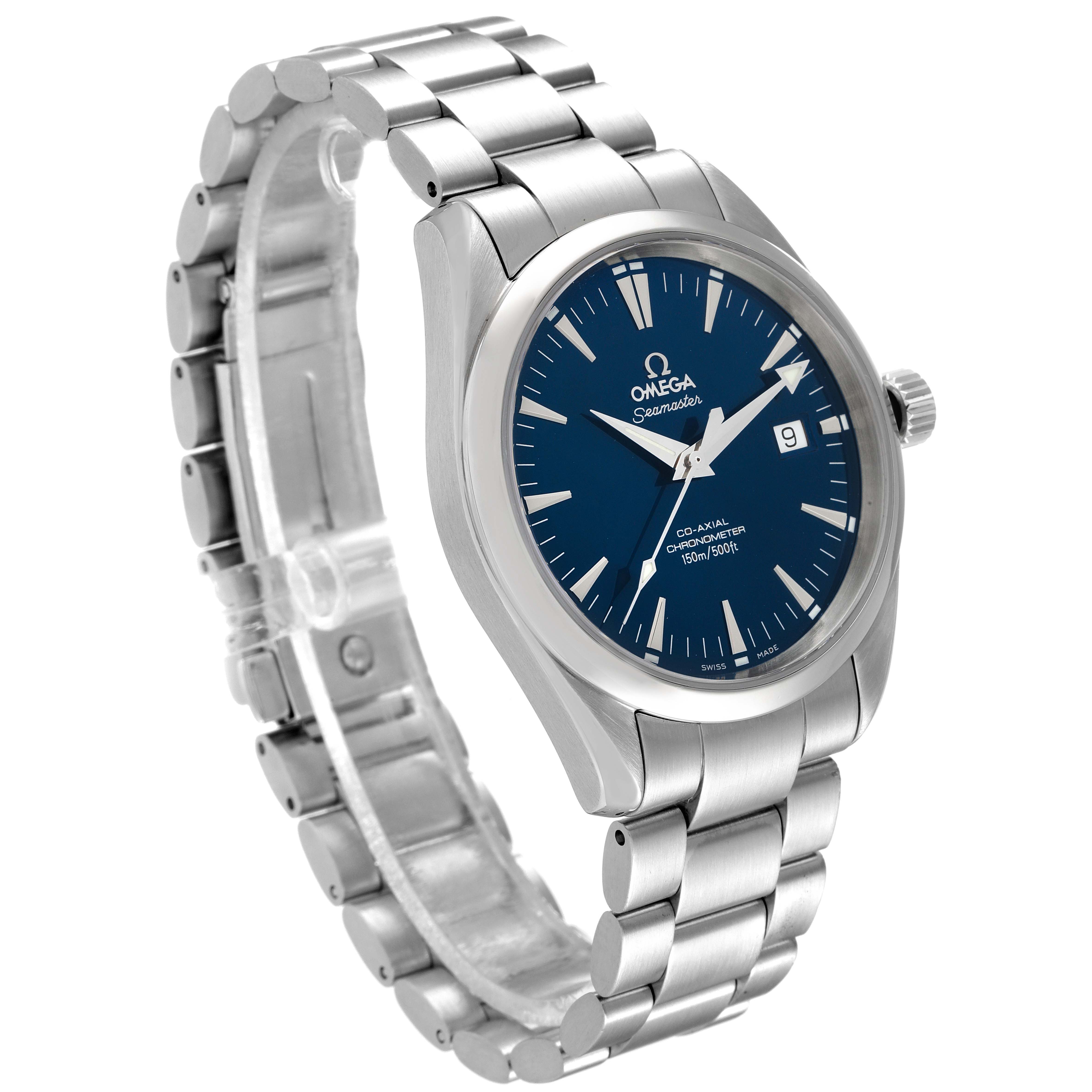 This image shows an angled view of the Omega Aqua Terra 2503.80.00 Men's Stainless Steel Blue Dial 2503.80.00 Men's Stainless Steel Blue Dial watch, displaying its face, case, crown, and bracelet.