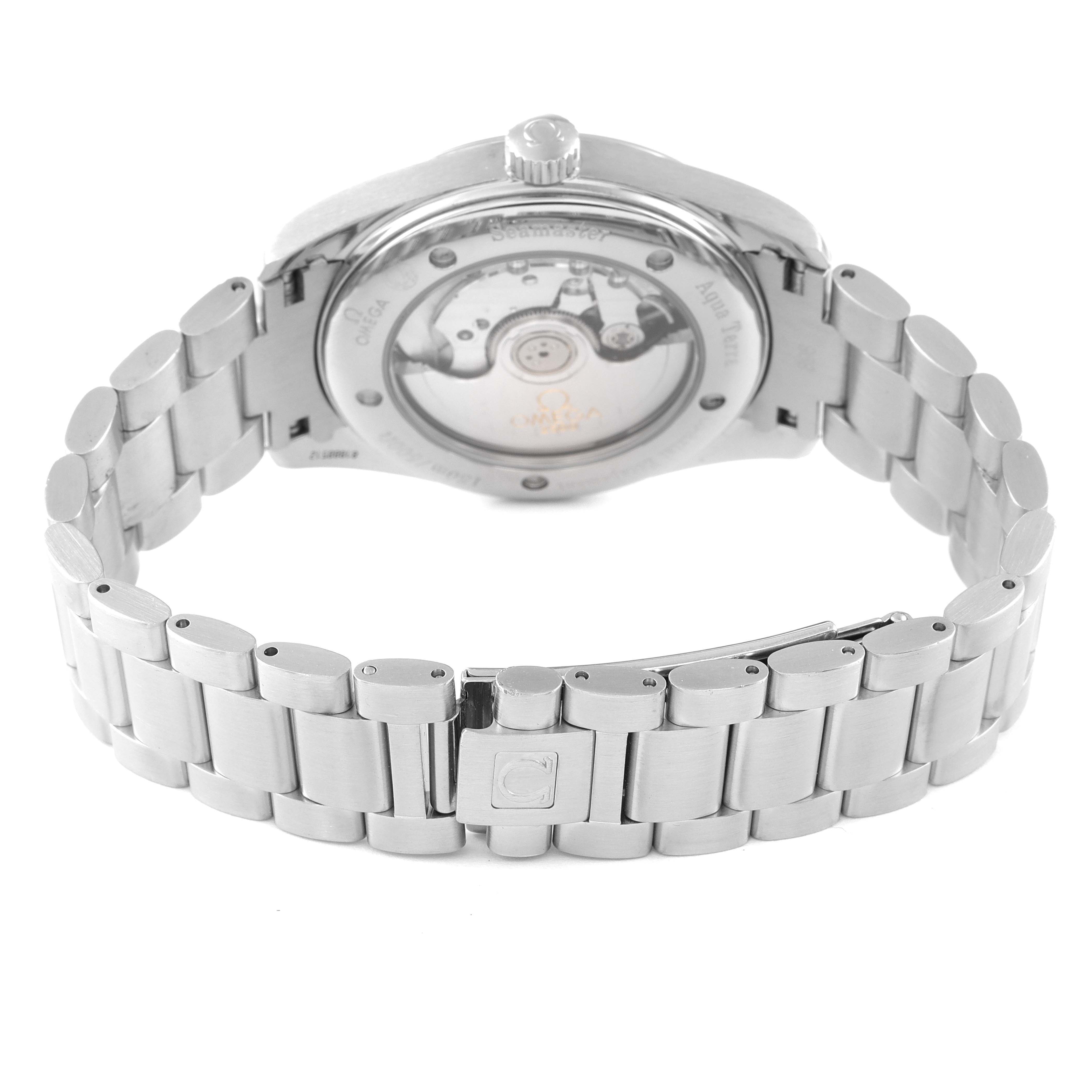 The image shows the back and bracelet of an Omega Aqua Terra 2503.80.00 Men's Stainless Steel Blue Dial 2503.80.00 Men's Stainless Steel Blue Dial watch, highlighting the transparent case back and metal links.