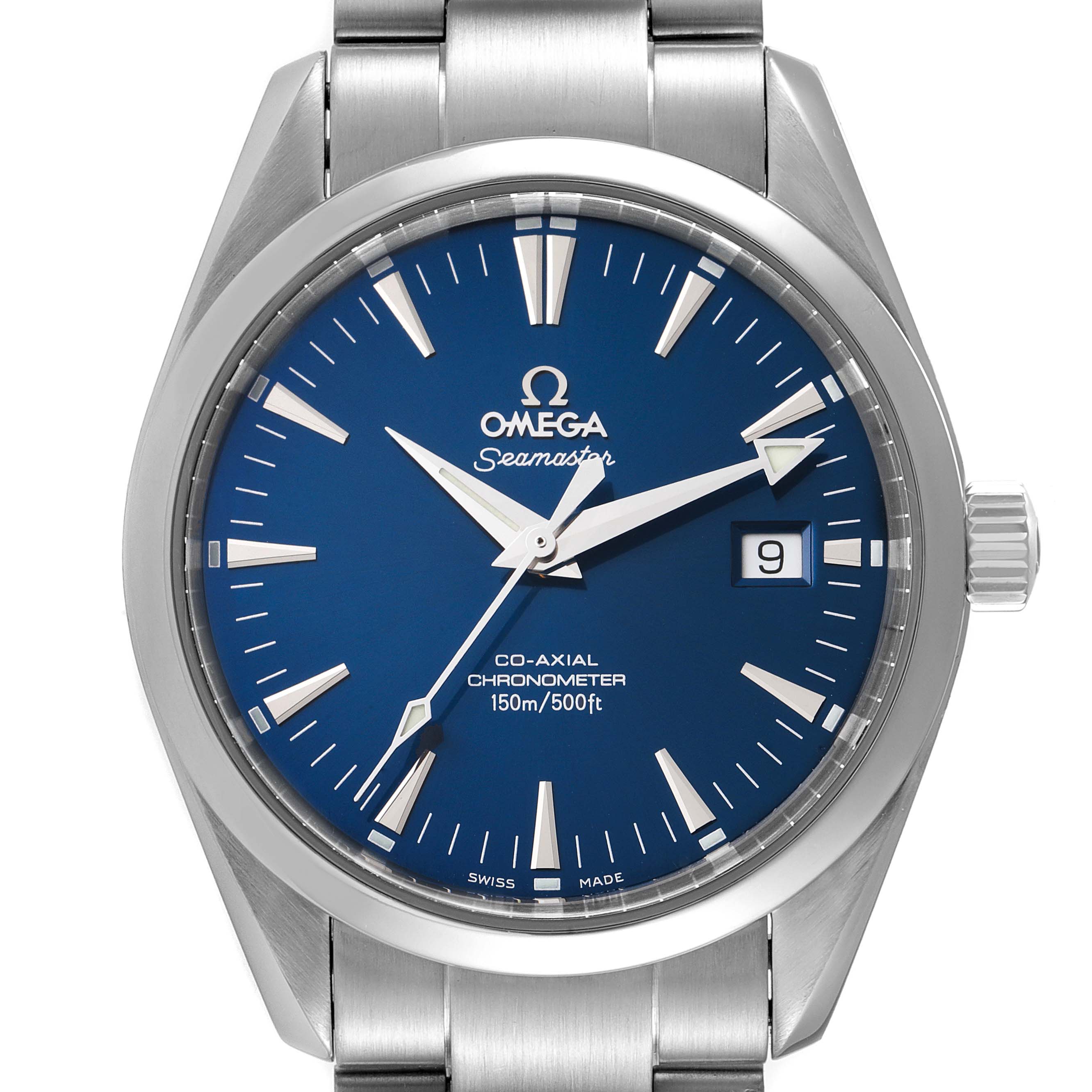 The image shows a front view of an Omega Aqua Terra 2503.80.00 Men's Stainless Steel Blue Dial 2503.80.00 Men's Stainless Steel Blue Dial Seamaster watch, highlighting its blue dial, silver hour markers, and date window.